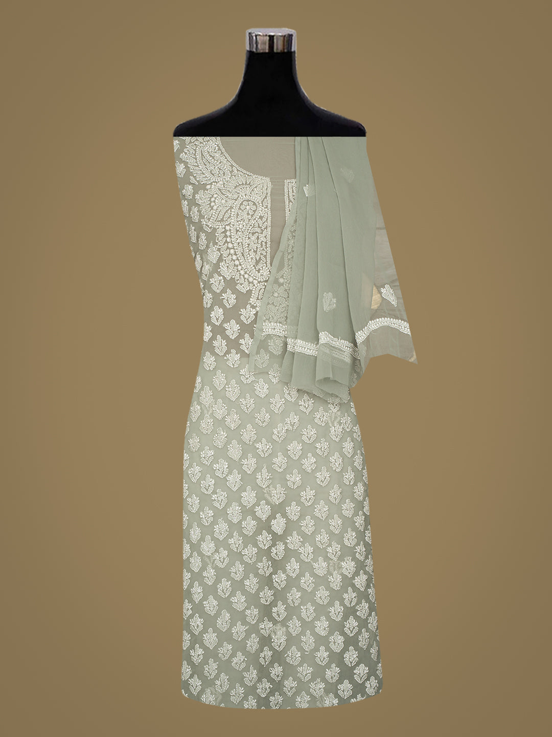 Ada Hand Embroidered Olive Green Faux Georgette Lucknowi Chikankari Unstitched Suit Piece_3