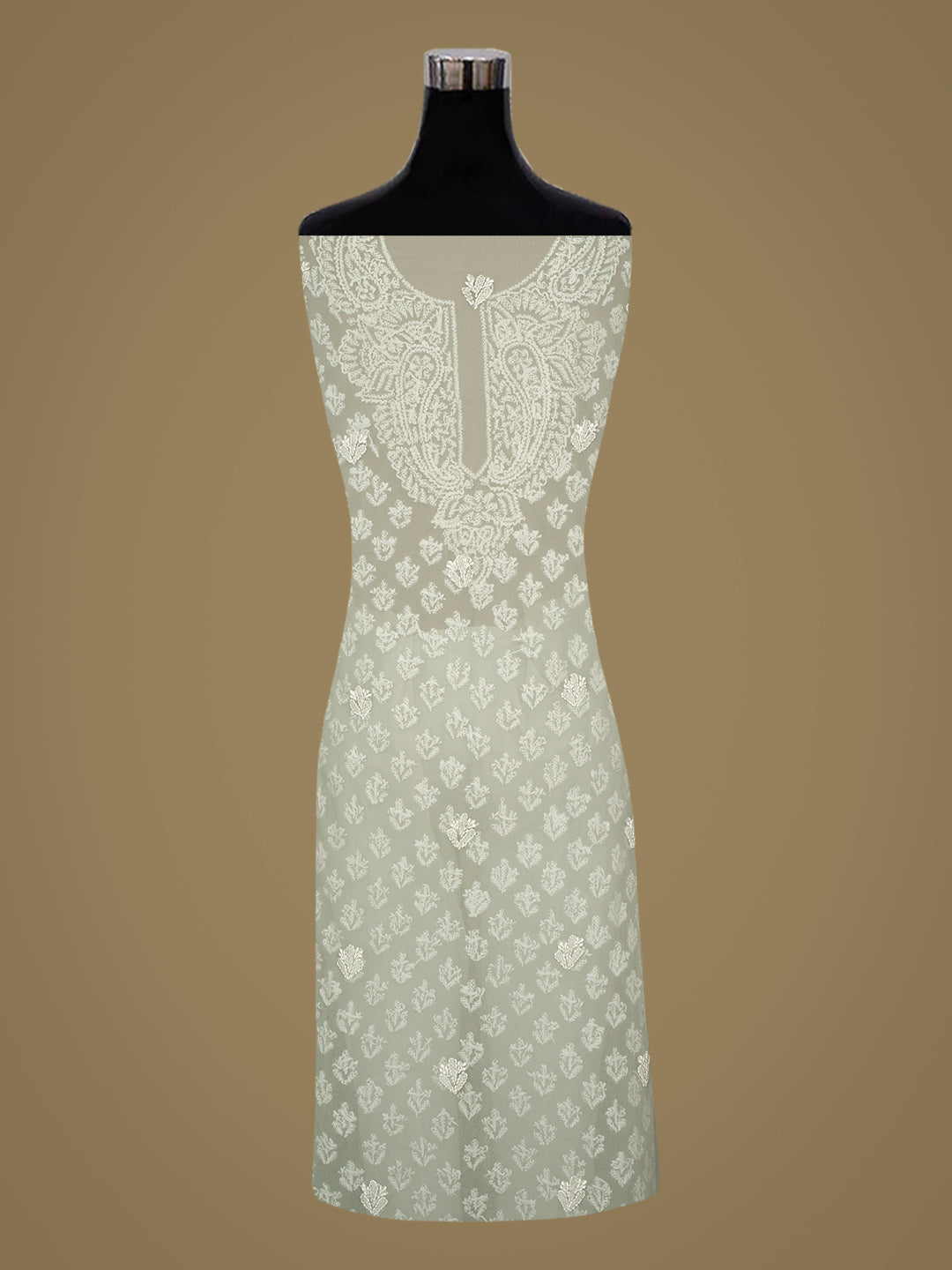 Ada Hand Embroidered Olive Green Faux Georgette Lucknowi Chikankari Unstitched Suit Piece_4