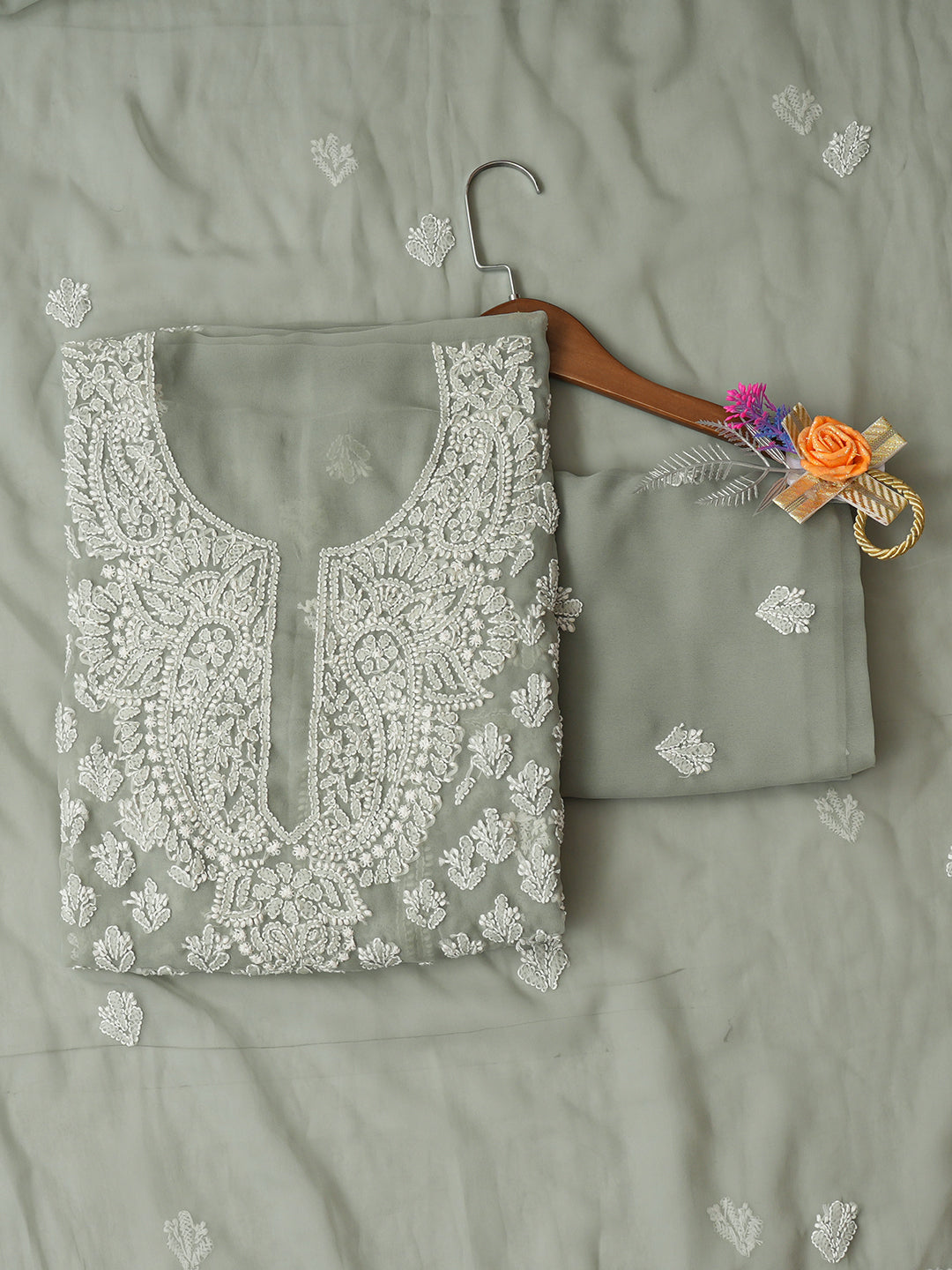Ada Hand Embroidered Olive Green Faux Georgette Lucknowi Chikankari Unstitched Suit Piece_1