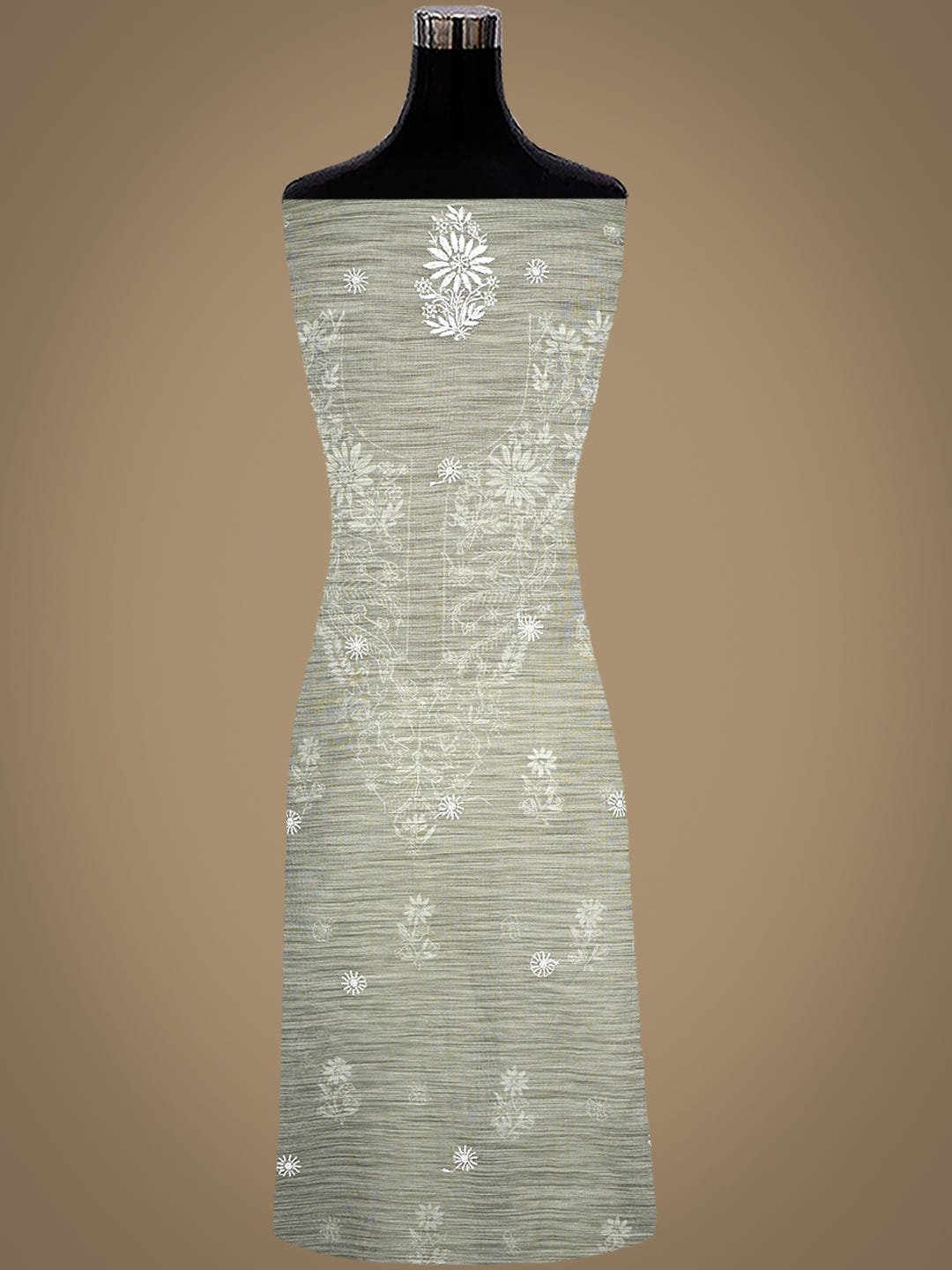Ada Hand Embroidered Olive Green Tissue Lucknowi Chikankari Unstitched Kurta Dupatta set 01A1009943