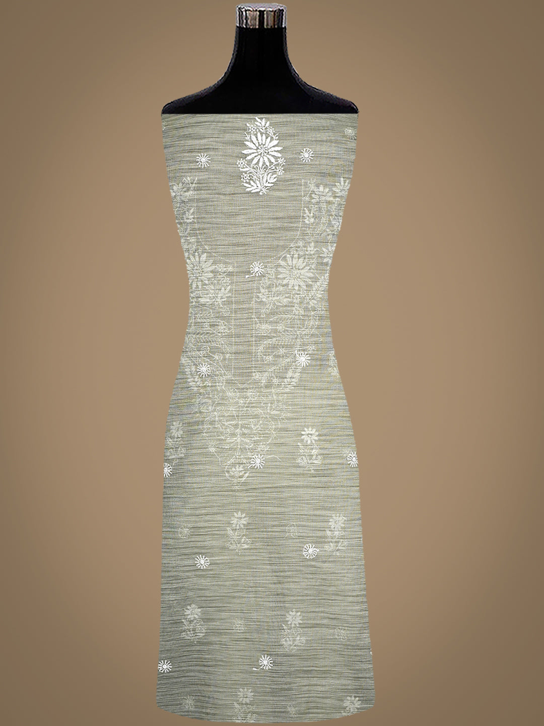 Ada Hand Embroidered Olive Green Tissue Lucknowi Chikankari Unstitched Kurta Dupatta set 01A1009943