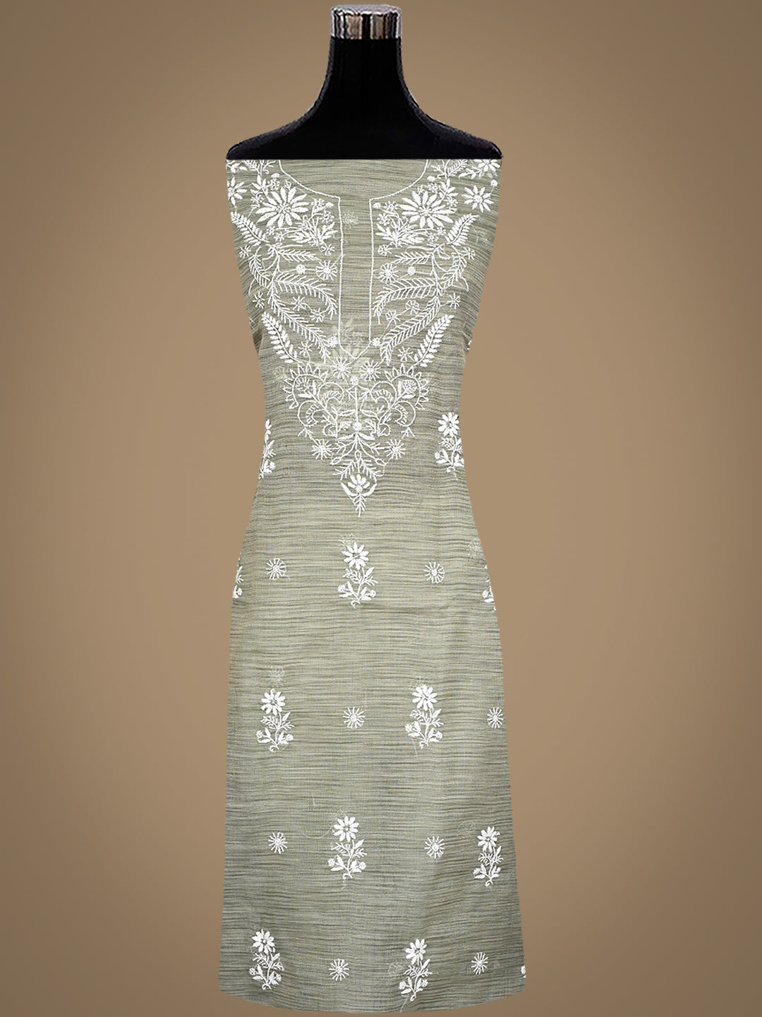 Ada Hand Embroidered Olive Green Tissue Lucknowi Chikankari Unstitched Kurta Dupatta set 01A1009943