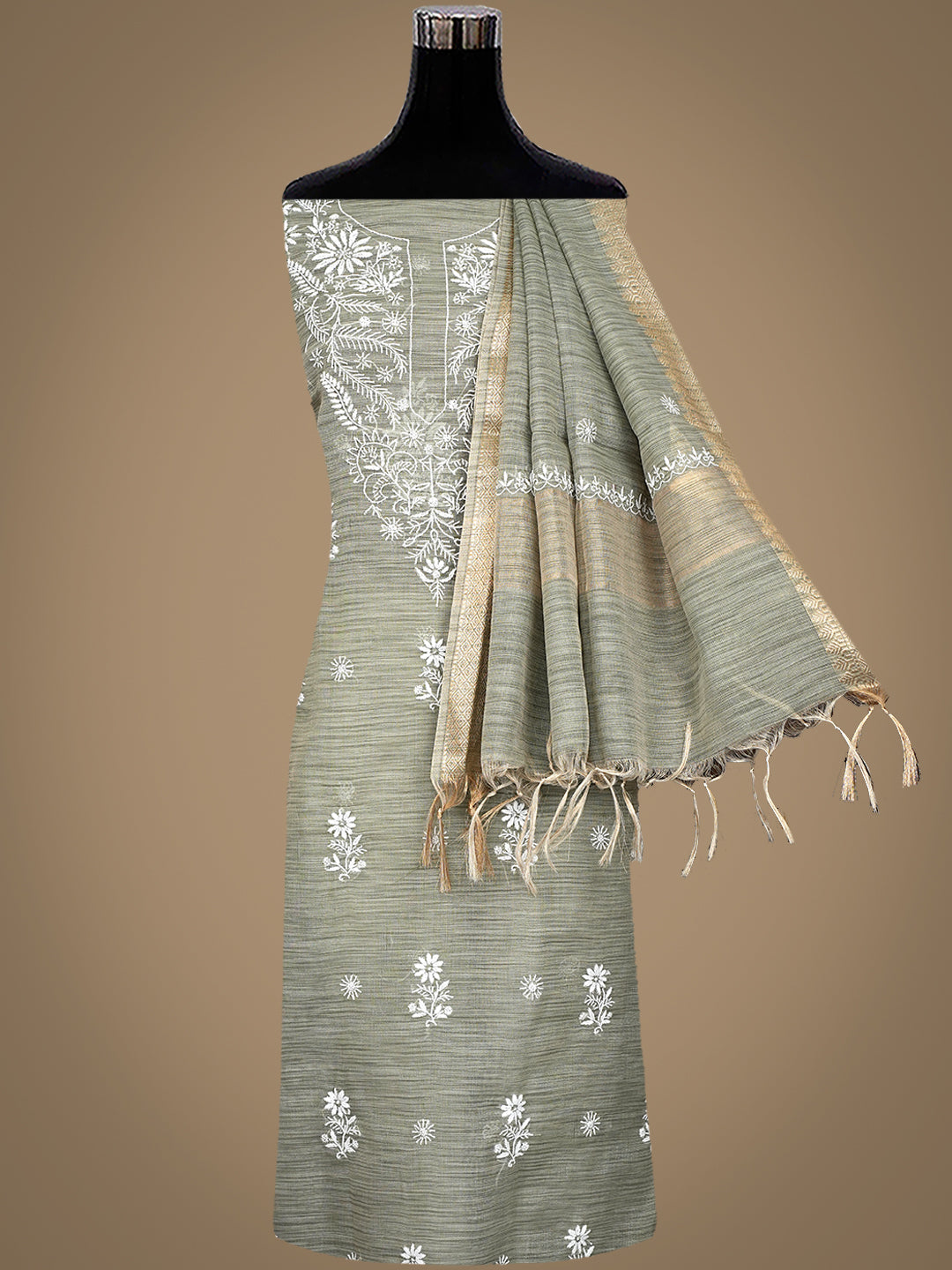 Ada Hand Embroidered Olive Green Tissue Lucknowi Chikankari Unstitched Kurta Dupatta set 01A1009943