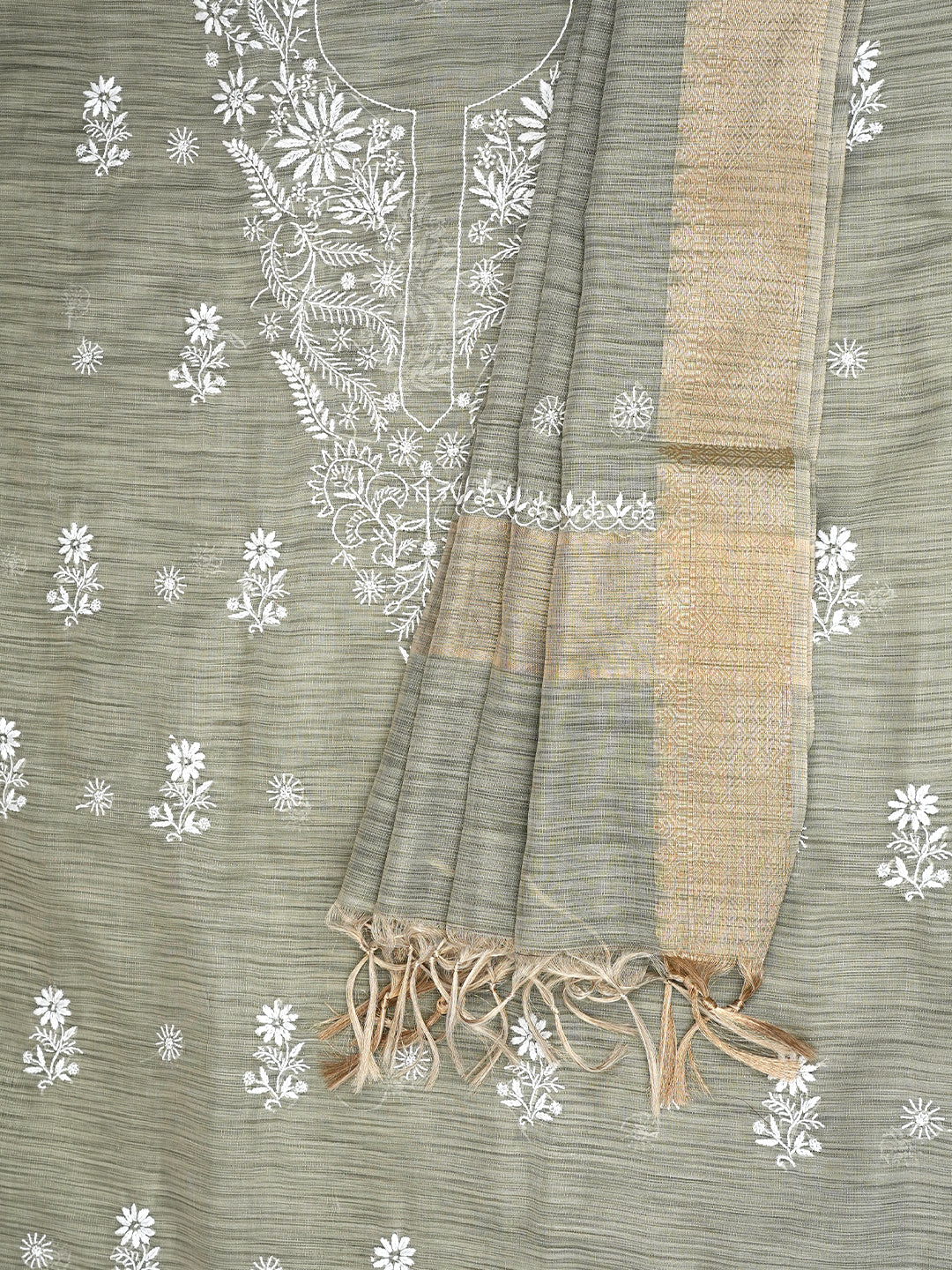 Ada Hand Embroidered Olive Green Tissue Lucknowi Chikankari Unstitched Kurta Dupatta set 01A1009943