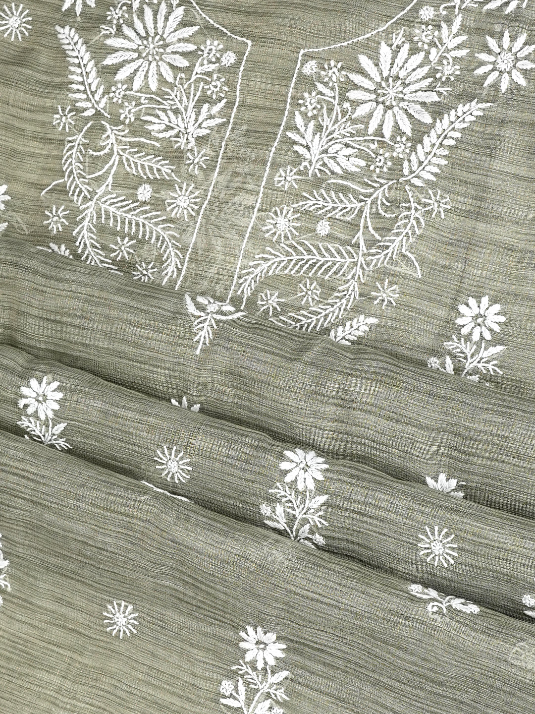 Ada Hand Embroidered Olive Green Tissue Lucknowi Chikankari Unstitched Kurta Dupatta set 01A1009943