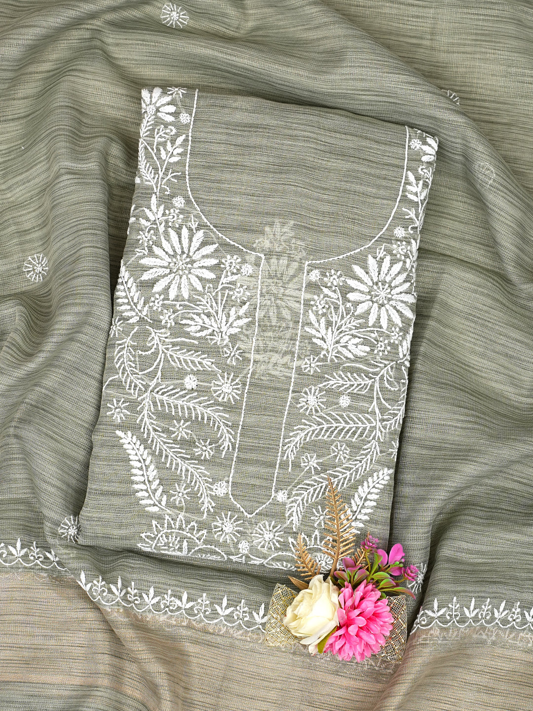 Ada Hand Embroidered Olive Green Tissue Lucknowi Chikankari Unstitched Kurta Dupatta set 01A1009943