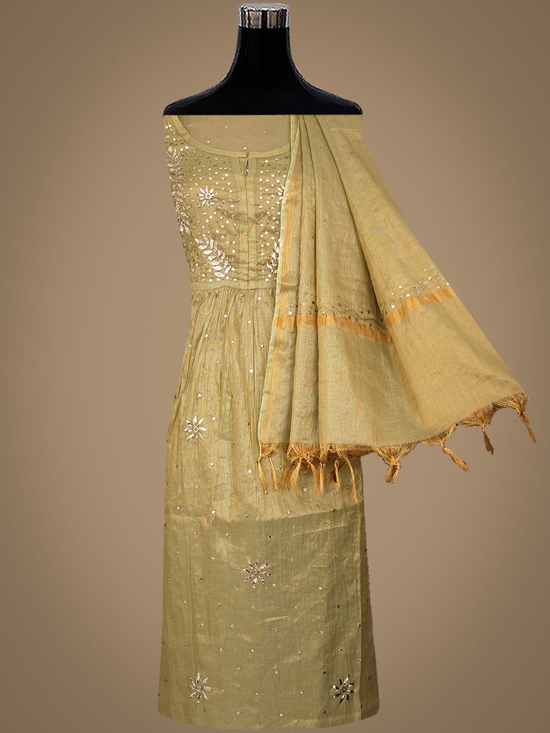 Ada Hand Embroidered Olive Green Tissue Semi-Stitched A-line Kurta Dupatta Set With Muqaish/Mukaish Work 01A970303