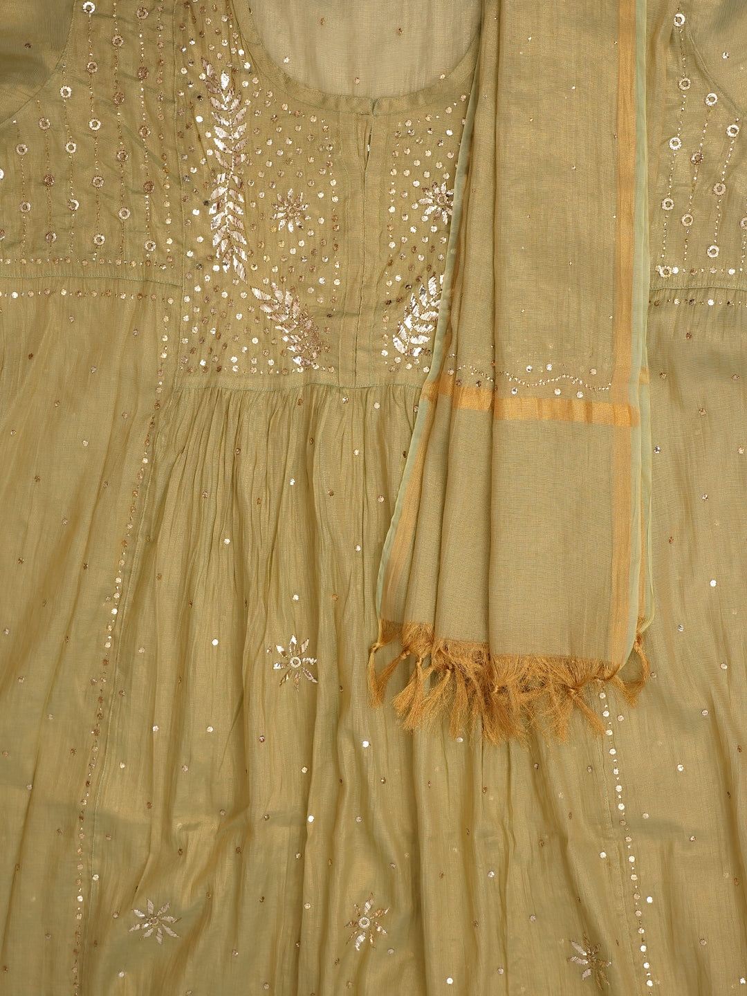 Ada Hand Embroidered Olive Green Tissue Semi-Stitched A-line Kurta Dupatta Set With Muqaish/Mukaish Work 01A970303