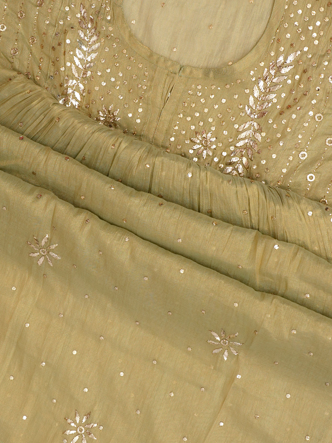 Ada Hand Embroidered Olive Green Tissue Semi-Stitched A-line Kurta Dupatta Set With Muqaish/Mukaish Work 01A970303