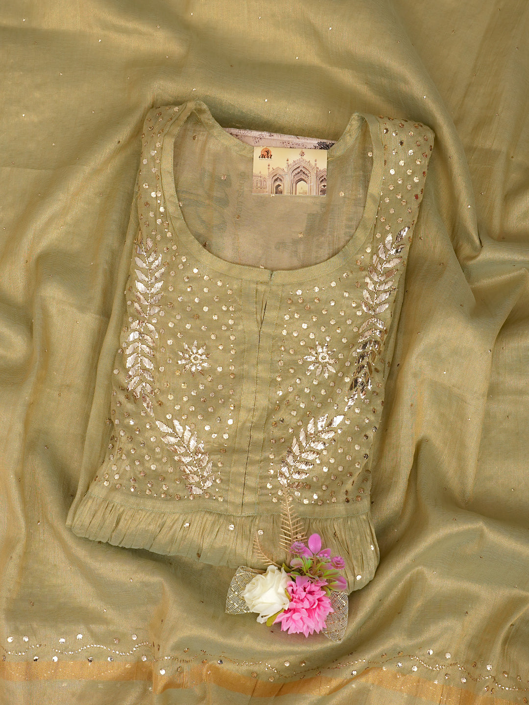 Ada Hand Embroidered Olive Green Tissue Semi-Stitched A-line Kurta Dupatta Set With Muqaish/Mukaish Work 01A970303