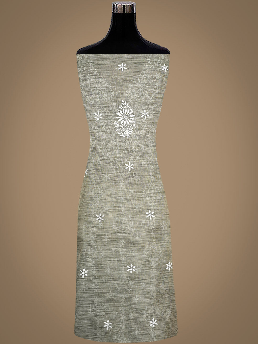 Ada Hand Embroidered Olive Green Tissue Unstitched Lucknowi Chikankari Kurta Dupatta Set 01A997844