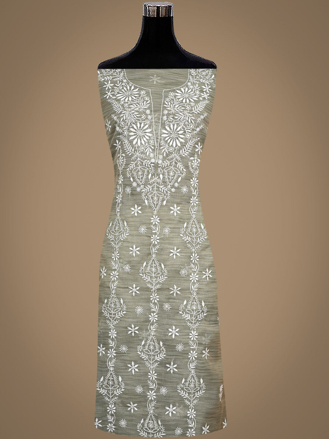 Ada Hand Embroidered Olive Green Tissue Unstitched Lucknowi Chikankari Kurta Dupatta Set 01A997844