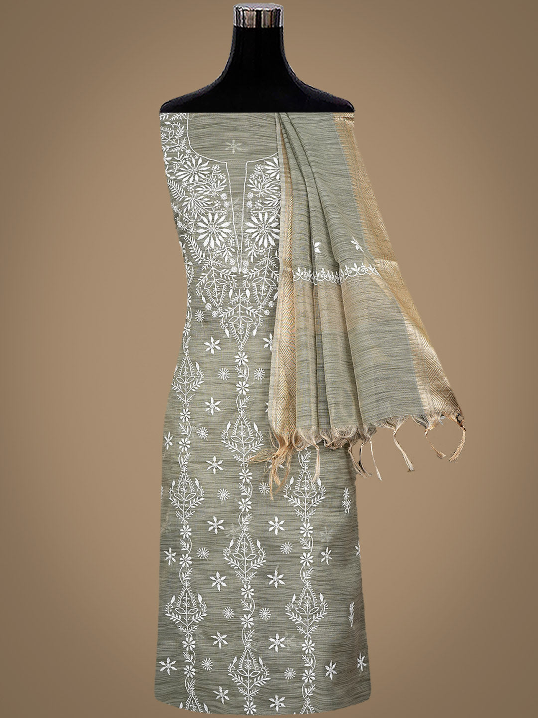 Ada Hand Embroidered Olive Green Tissue Unstitched Lucknowi Chikankari Kurta Dupatta Set 01A997844