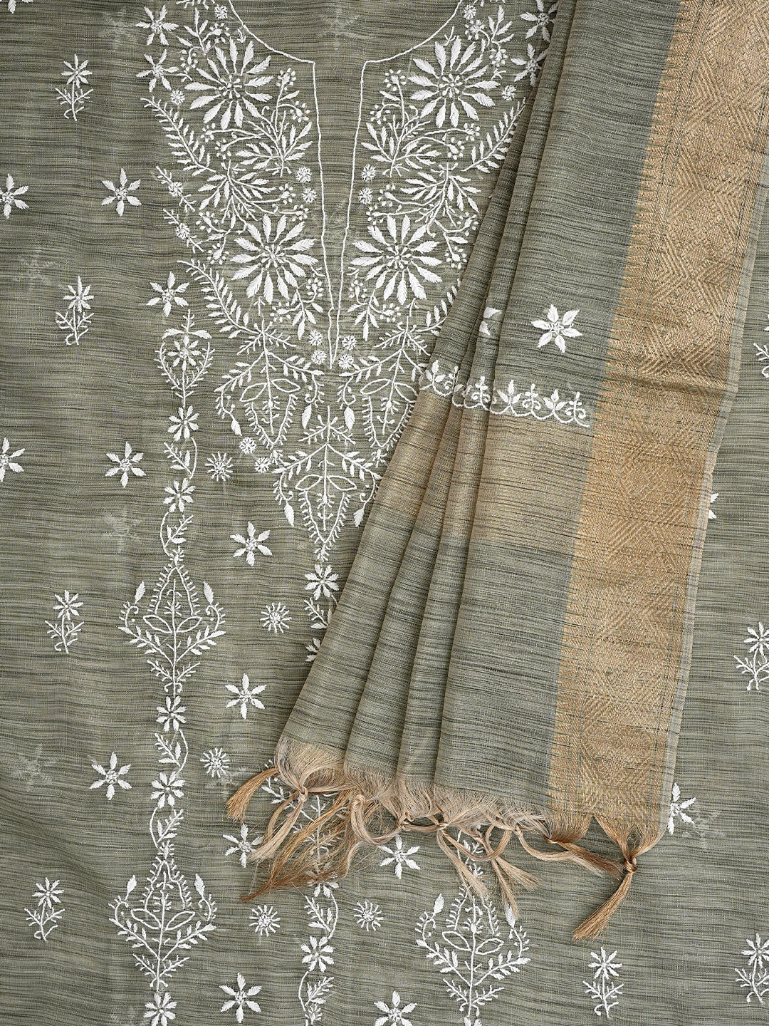 Ada Hand Embroidered Olive Green Tissue Unstitched Lucknowi Chikankari Kurta Dupatta Set 01A997844