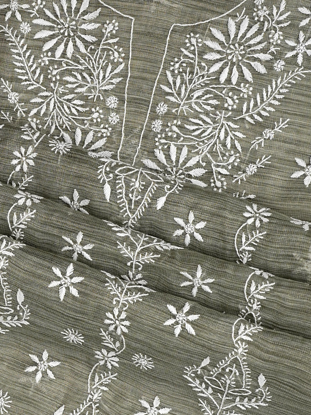 Ada Hand Embroidered Olive Green Tissue Unstitched Lucknowi Chikankari Kurta Dupatta Set 01A997844
