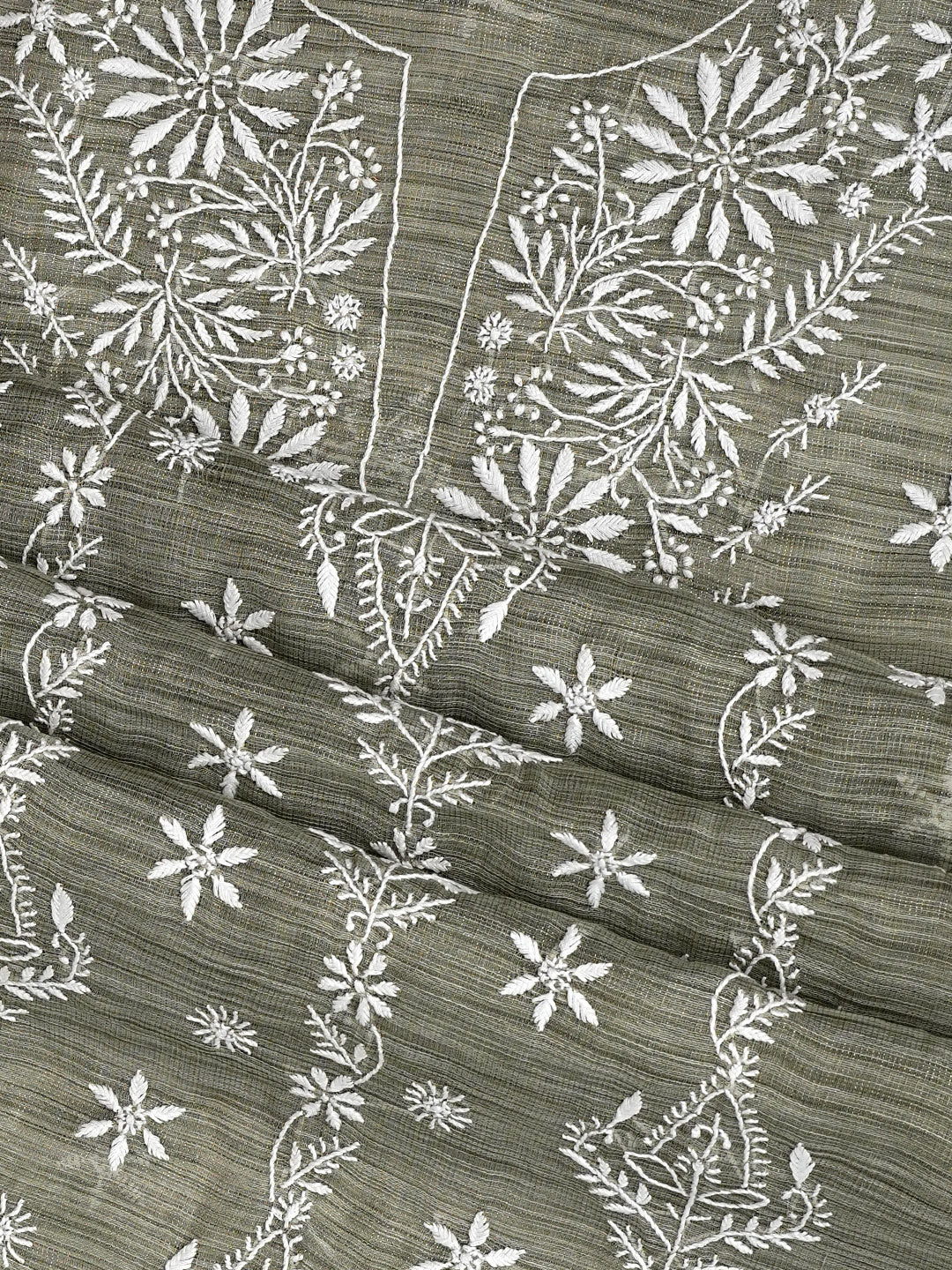 Ada Hand Embroidered Olive Green Tissue Unstitched Lucknowi Chikankari Kurta Dupatta Set 01A997844