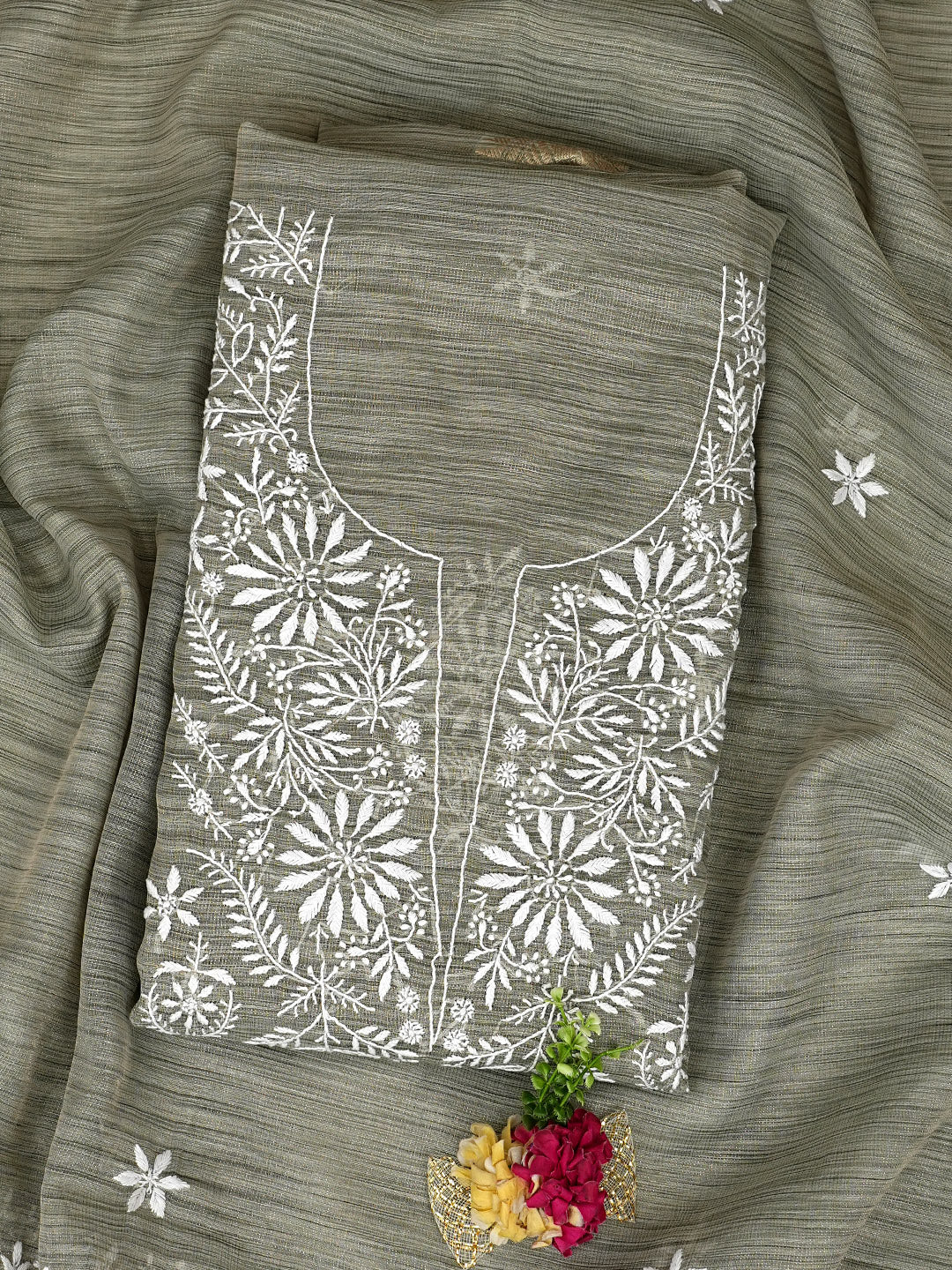 Ada Hand Embroidered Olive Green Tissue Unstitched Lucknowi Chikankari Kurta Dupatta Set 01A997844