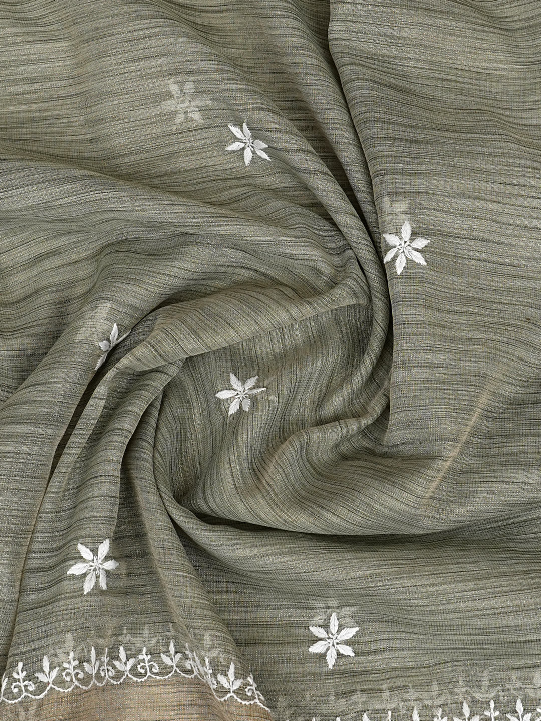 Ada Hand Embroidered Olive Green Tissue Unstitched Lucknowi Chikankari Kurta Dupatta Set 01A997844