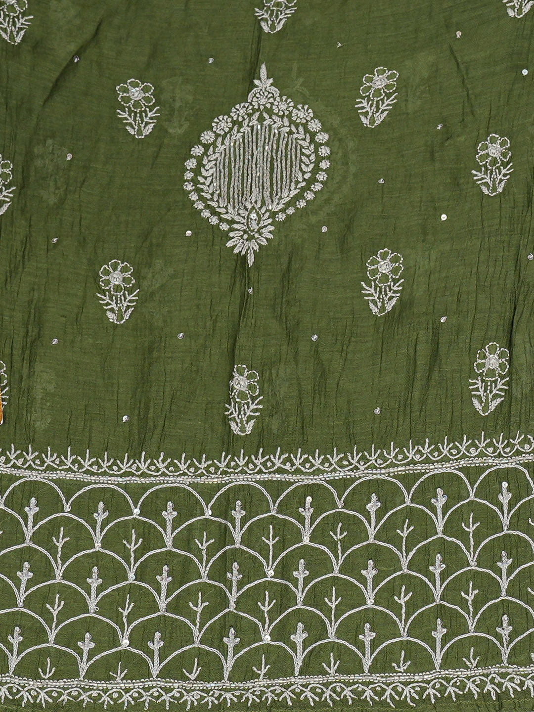 Ada Hand Embroidered Olive Leaf Green Chanderi Lucknowi Chikankari Semi-Stitched Kurta Dupatta Set With Cutdana Work 01A935511