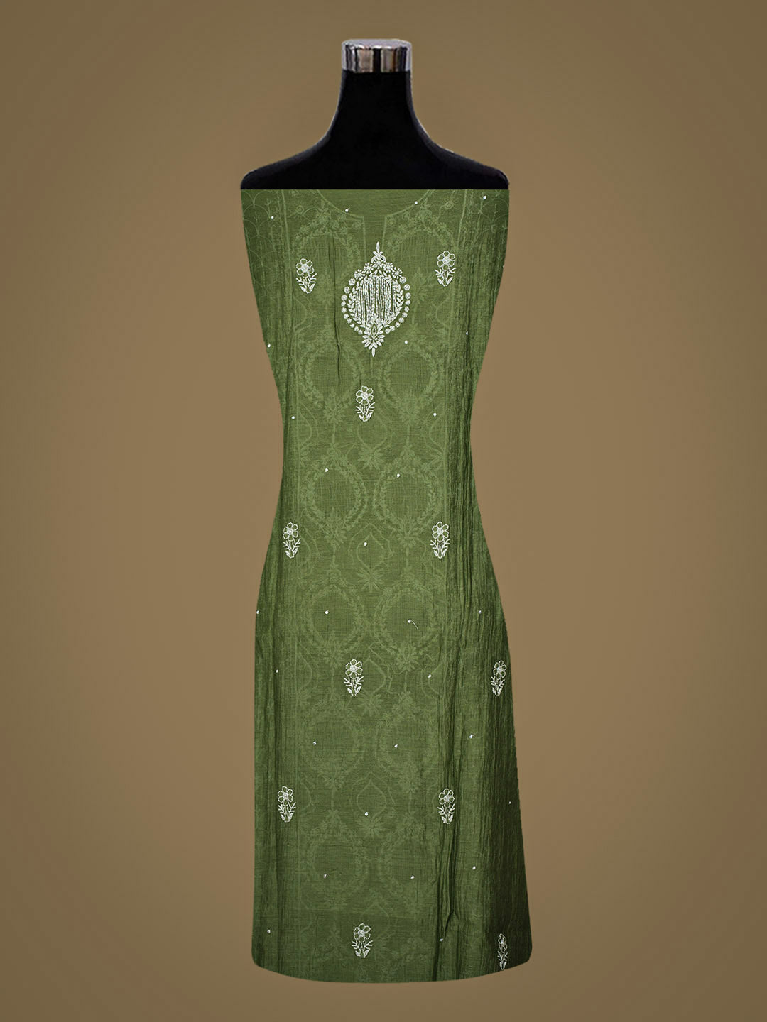 Ada Hand Embroidered Olive Leaf Green Chanderi Lucknowi Chikankari Semi-Stitched Kurta Dupatta Set With Cutdana Work 01A935511