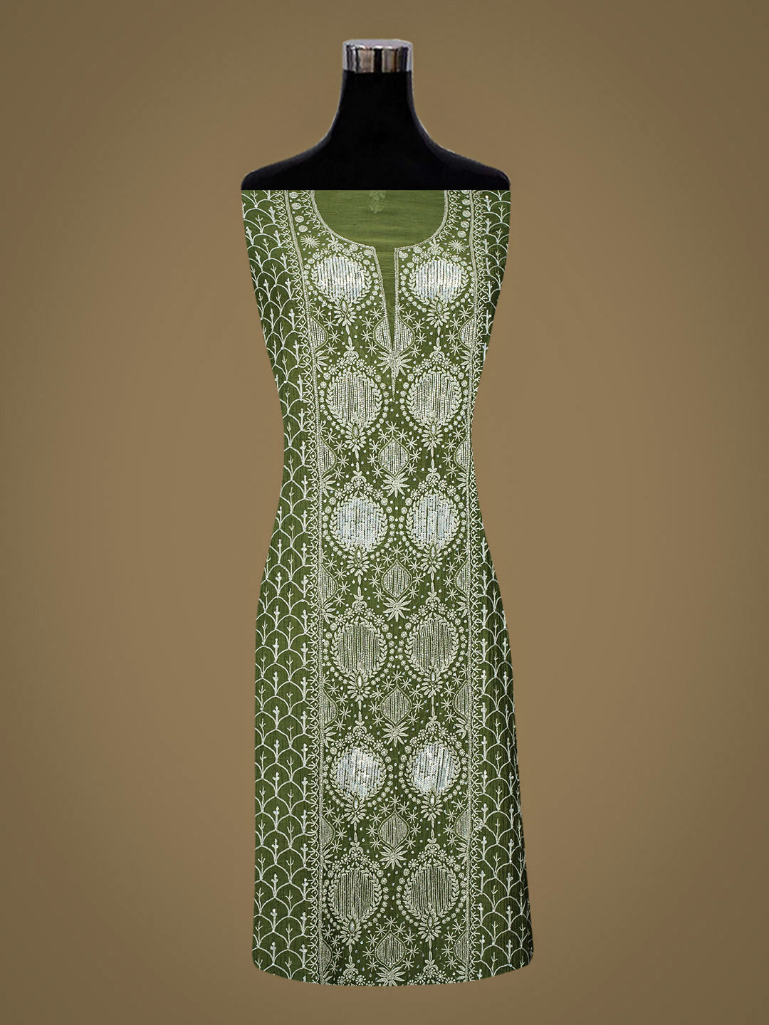 Ada Hand Embroidered Olive Leaf Green Chanderi Lucknowi Chikankari Semi-Stitched Kurta Dupatta Set With Cutdana Work 01A935511