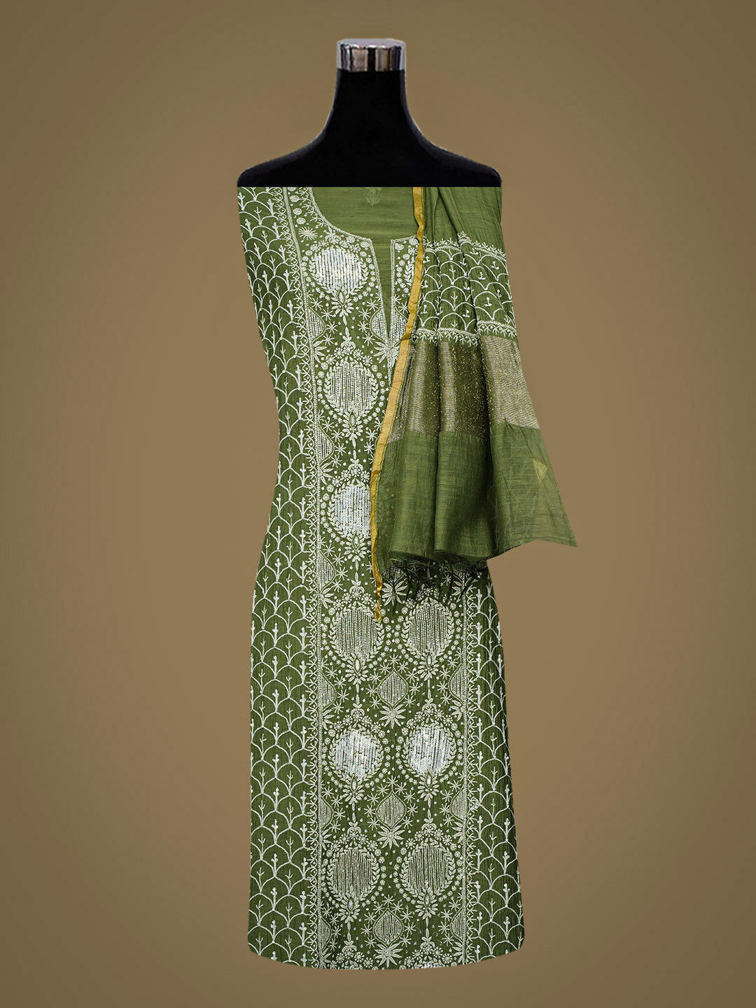Ada Hand Embroidered Olive Leaf Green Chanderi Lucknowi Chikankari Semi-Stitched Kurta Dupatta Set With Cutdana Work 01A935511