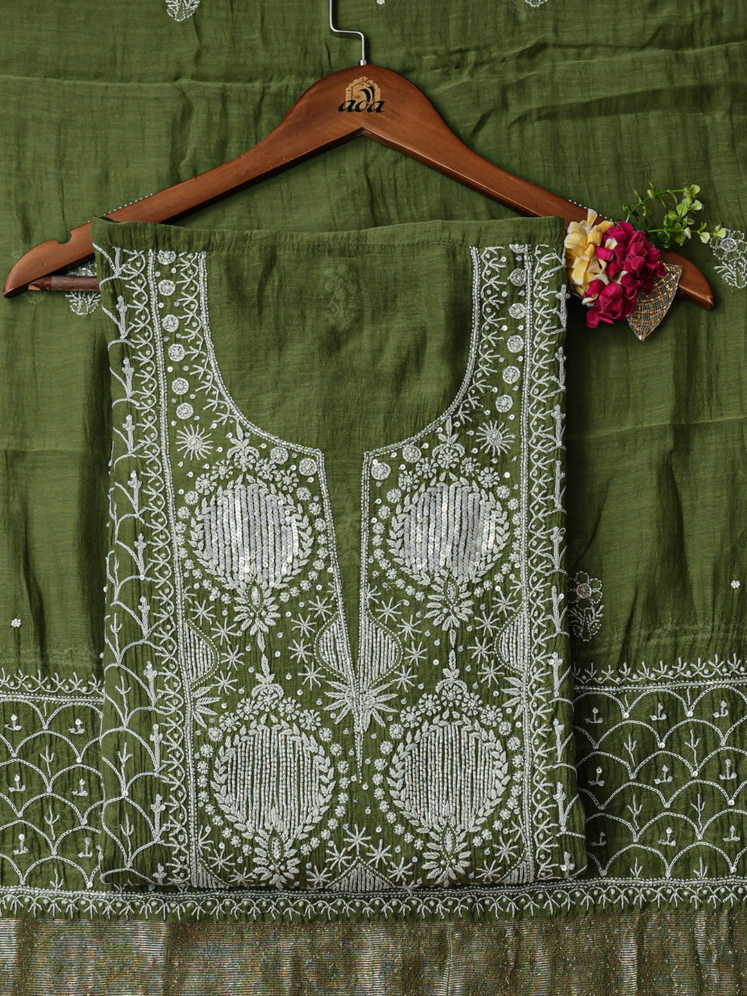 Ada Hand Embroidered Olive Leaf Green Chanderi Lucknowi Chikankari Semi-Stitched Kurta Dupatta Set With Cutdana Work 01A935511