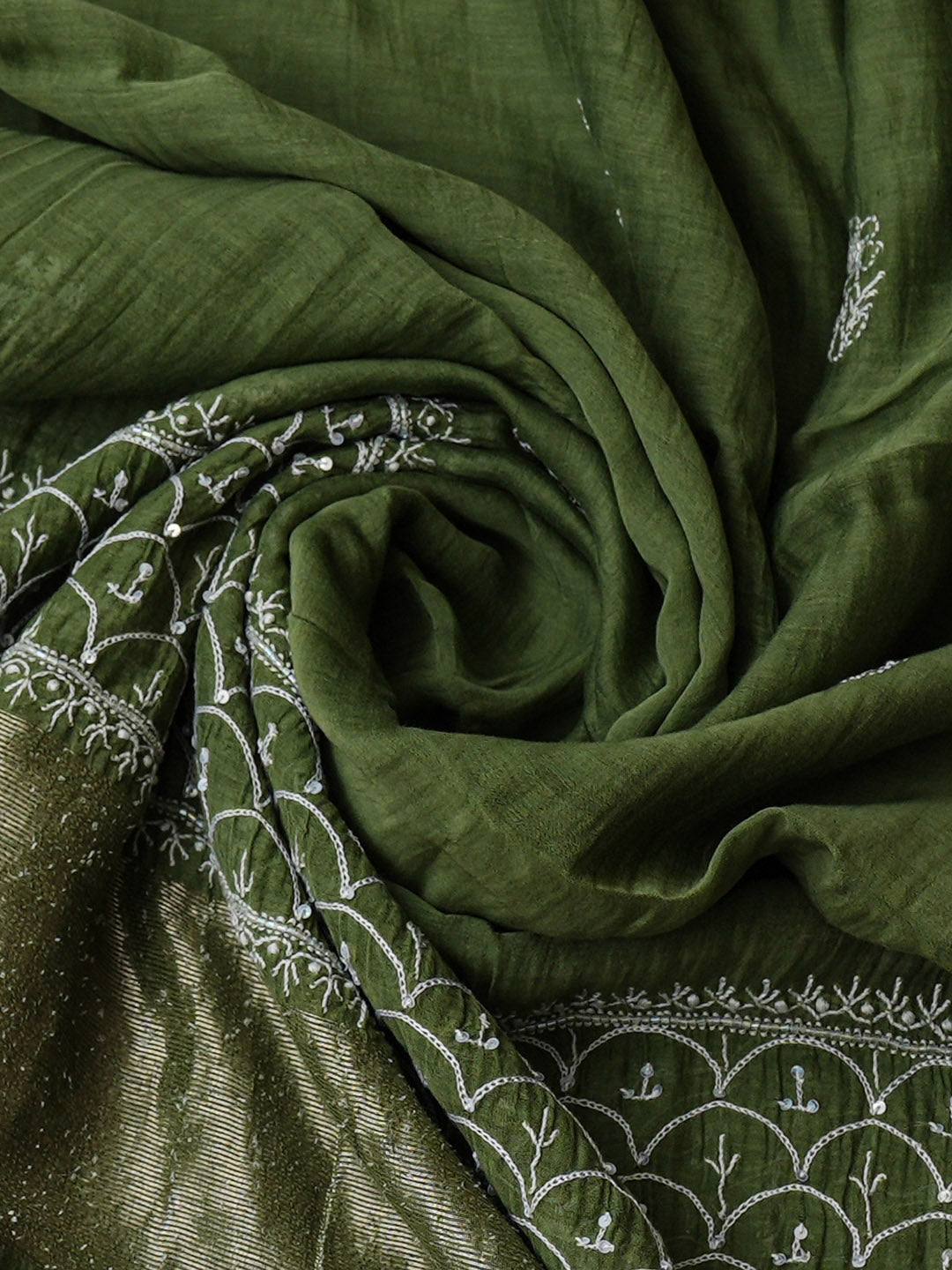 Ada Hand Embroidered Olive Leaf Green Chanderi Lucknowi Chikankari Semi-Stitched Kurta Dupatta Set With Cutdana Work 01A935511