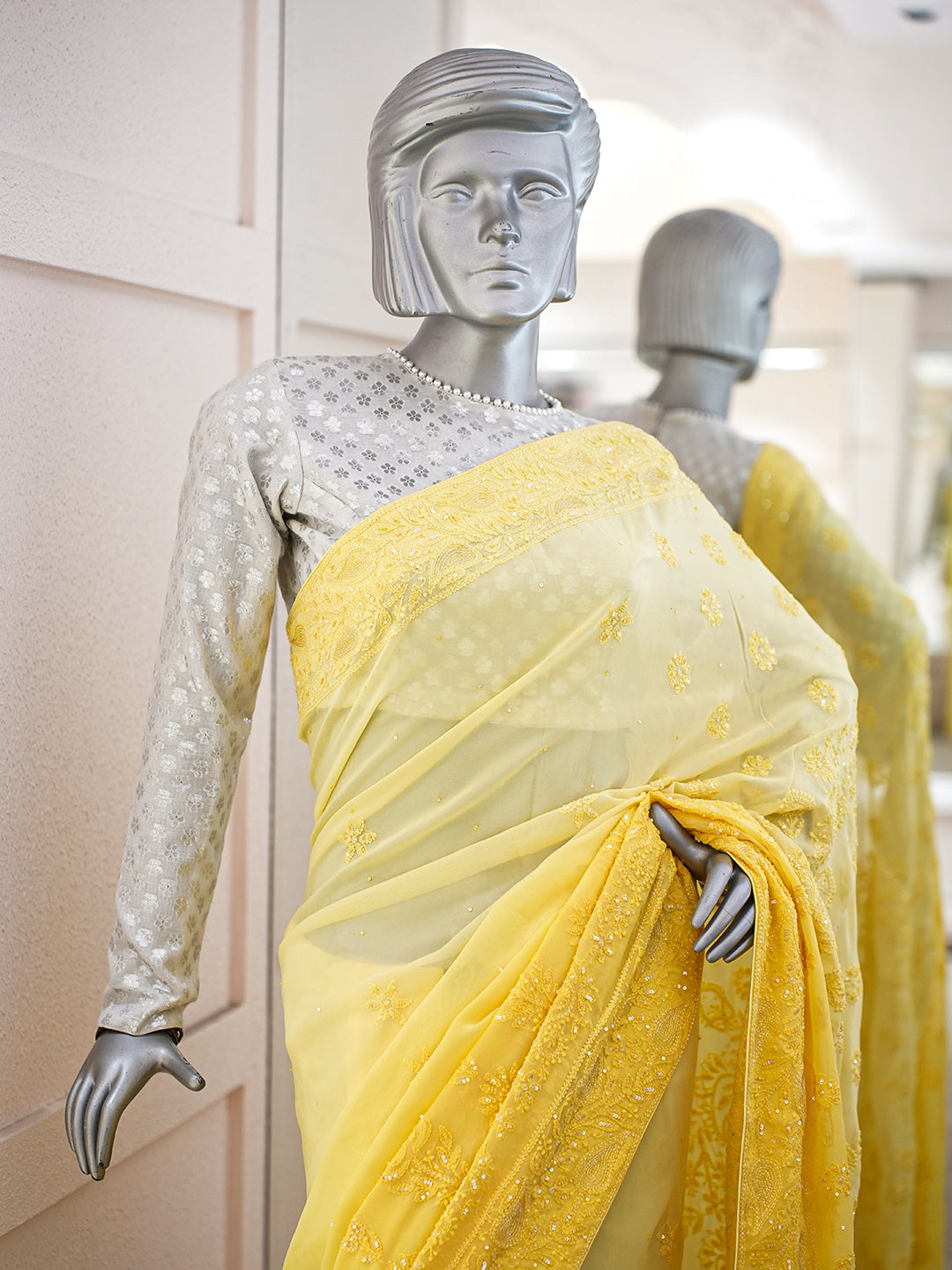 Ada Hand Embroidered Ombre Shade Of Cream & Yellow Viscose Georgette Lucknowi Chikankari Saree and Blouse With Sequinned Work 01A789003