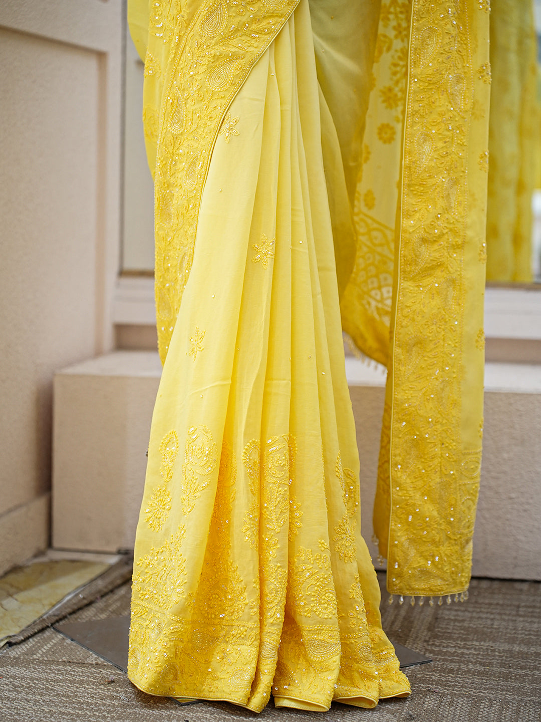 Ada Hand Embroidered Ombre Shade Of Cream & Yellow Viscose Georgette Lucknowi Chikankari Saree and Blouse With Sequinned Work 01A789003