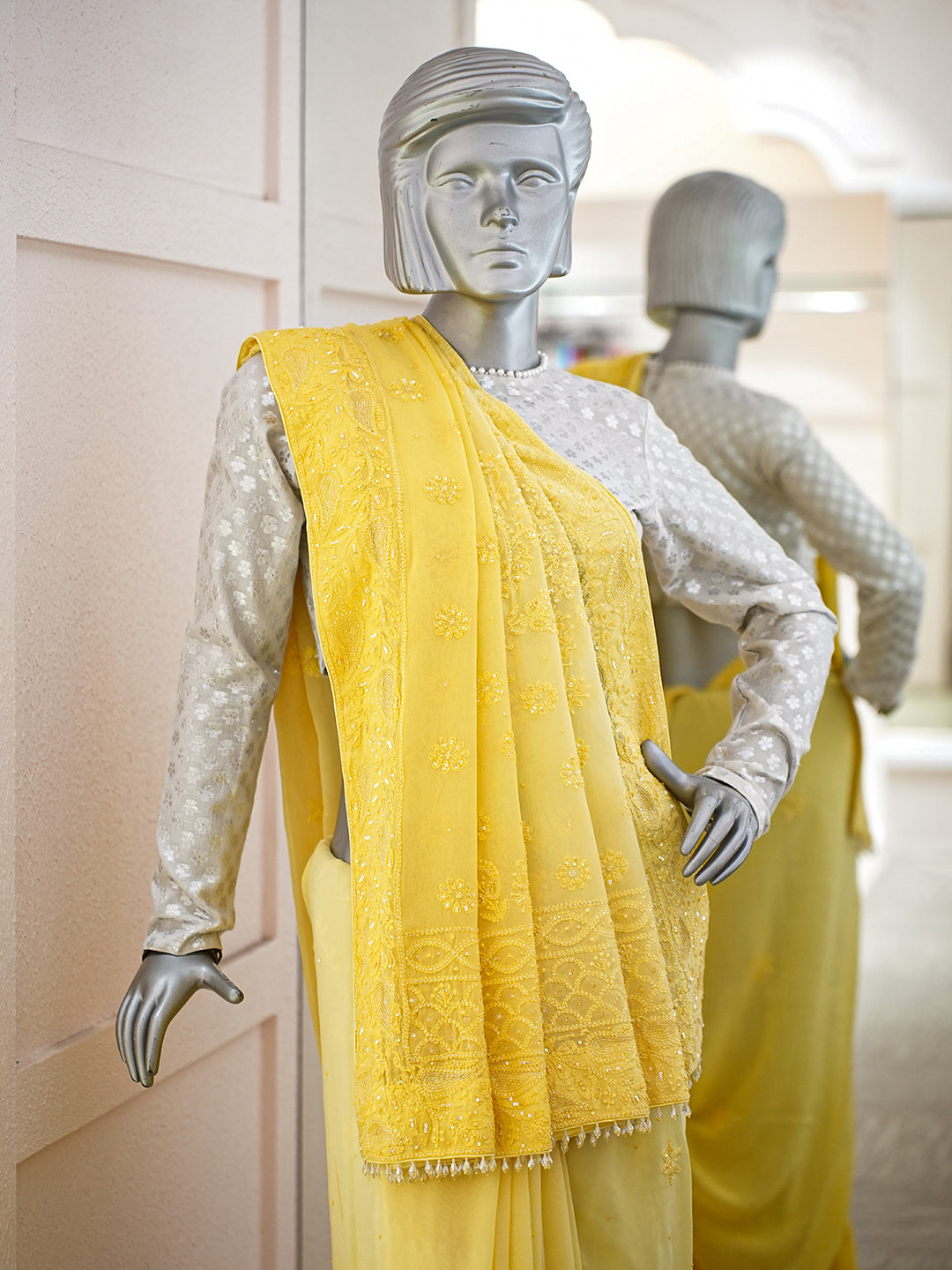 Ada Hand Embroidered Ombre Shade Of Cream & Yellow Viscose Georgette Lucknowi Chikankari Saree and Blouse With Sequinned Work 01A789003