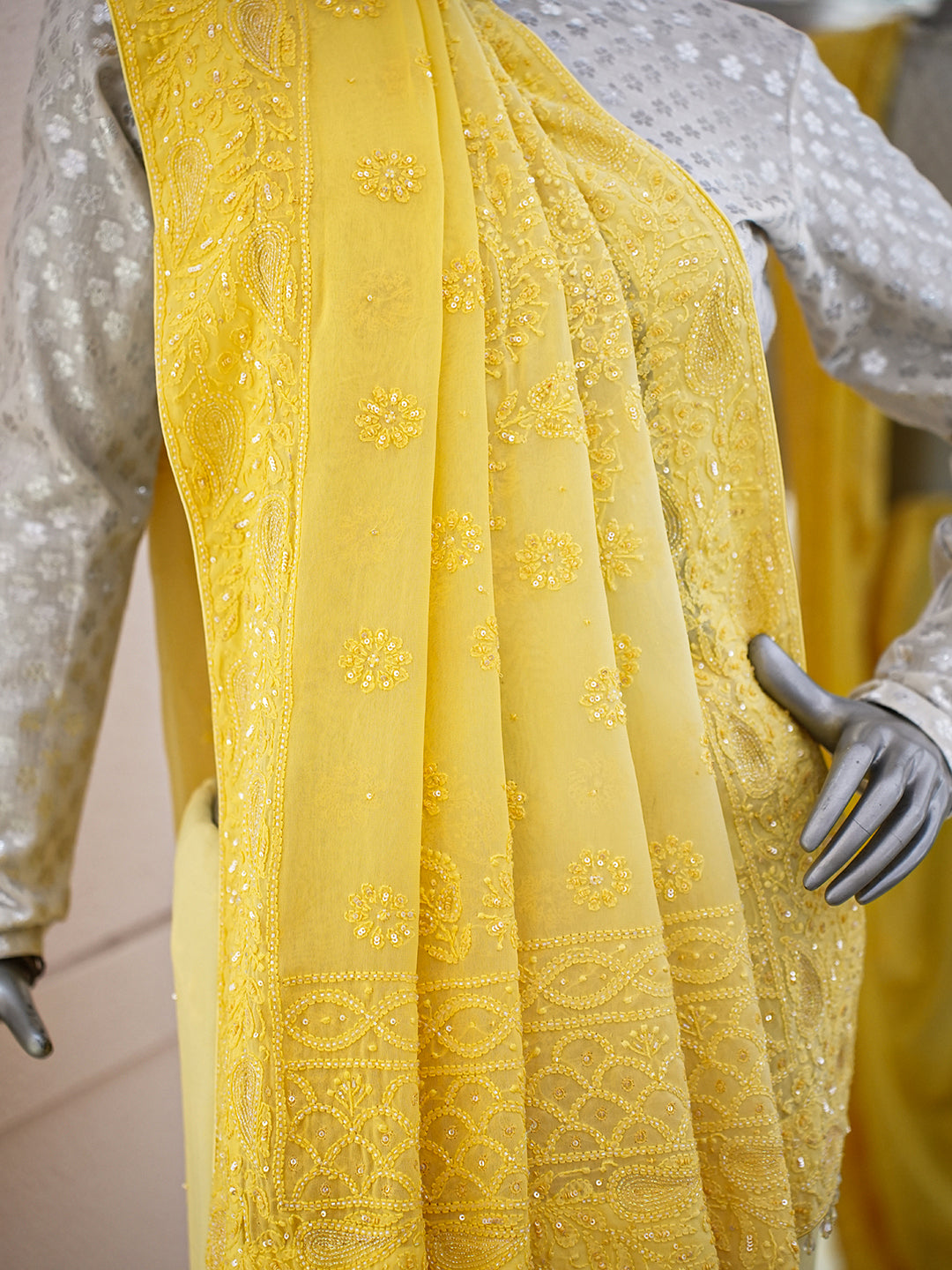 Ada Hand Embroidered Ombre Shade Of Cream & Yellow Viscose Georgette Lucknowi Chikankari Saree and Blouse With Sequinned Work 01A789003