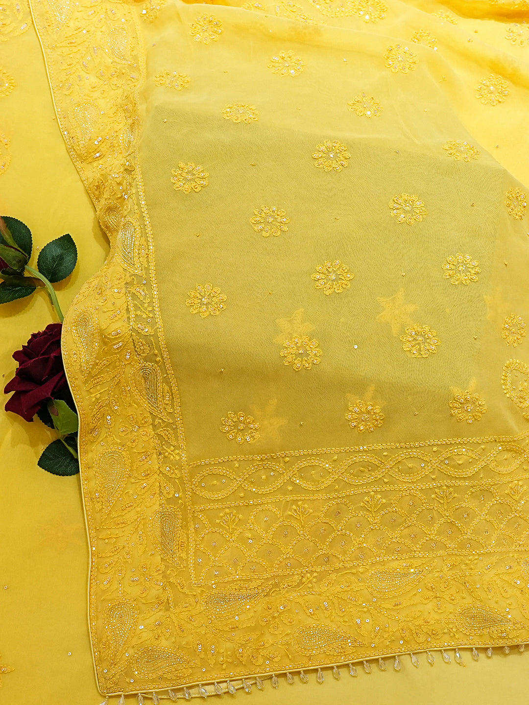 Ada Hand Embroidered Ombre Shade Of Cream & Yellow Viscose Georgette Lucknowi Chikankari Saree and Blouse With Sequinned Work 01A789003
