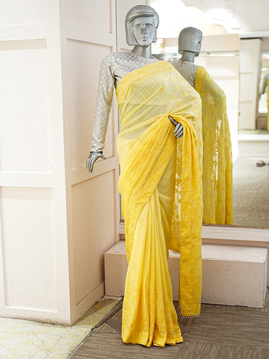 Ada Hand Embroidered Ombre Shade Of Cream & Yellow Viscose Georgette Lucknowi Chikankari Saree and Blouse With Sequinned Work 01A789003