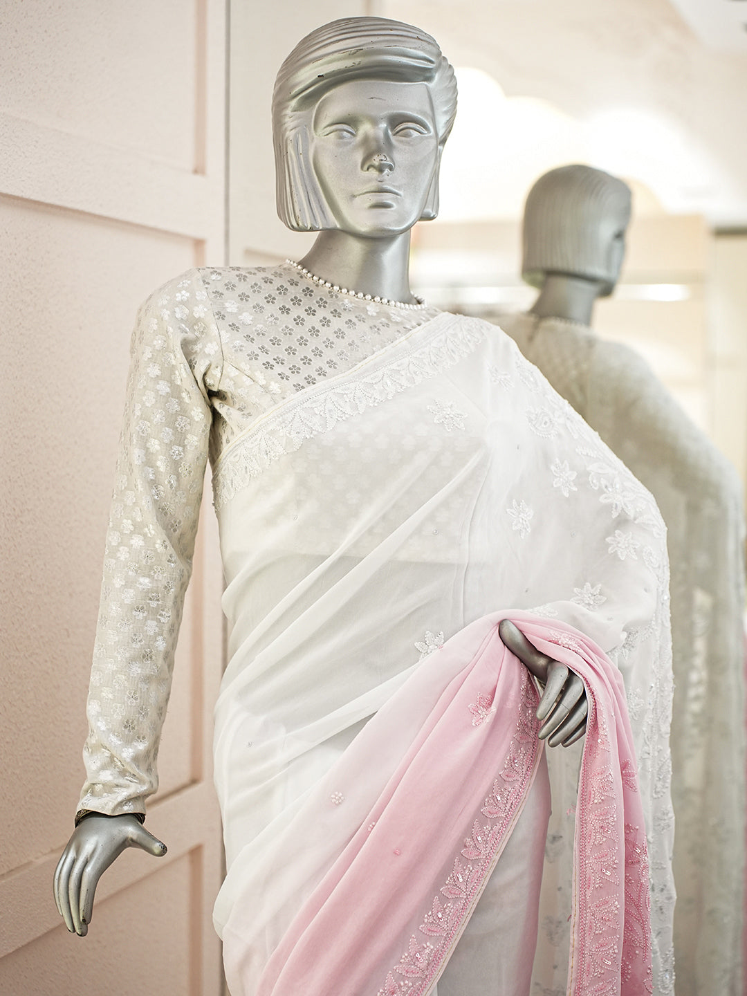 Ada Hand Embroidered Ombre Shade Of Pink And Bright Snow Georgette Lucknowi Chikankari Saree/Blouse With Cutdana Work 01A950742