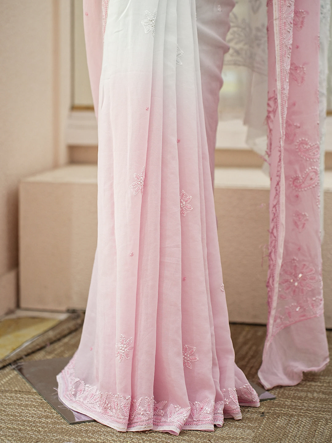 Ada Hand Embroidered Ombre Shade Of Pink And Bright Snow Georgette Lucknowi Chikankari Saree/Blouse With Cutdana Work 01A950742