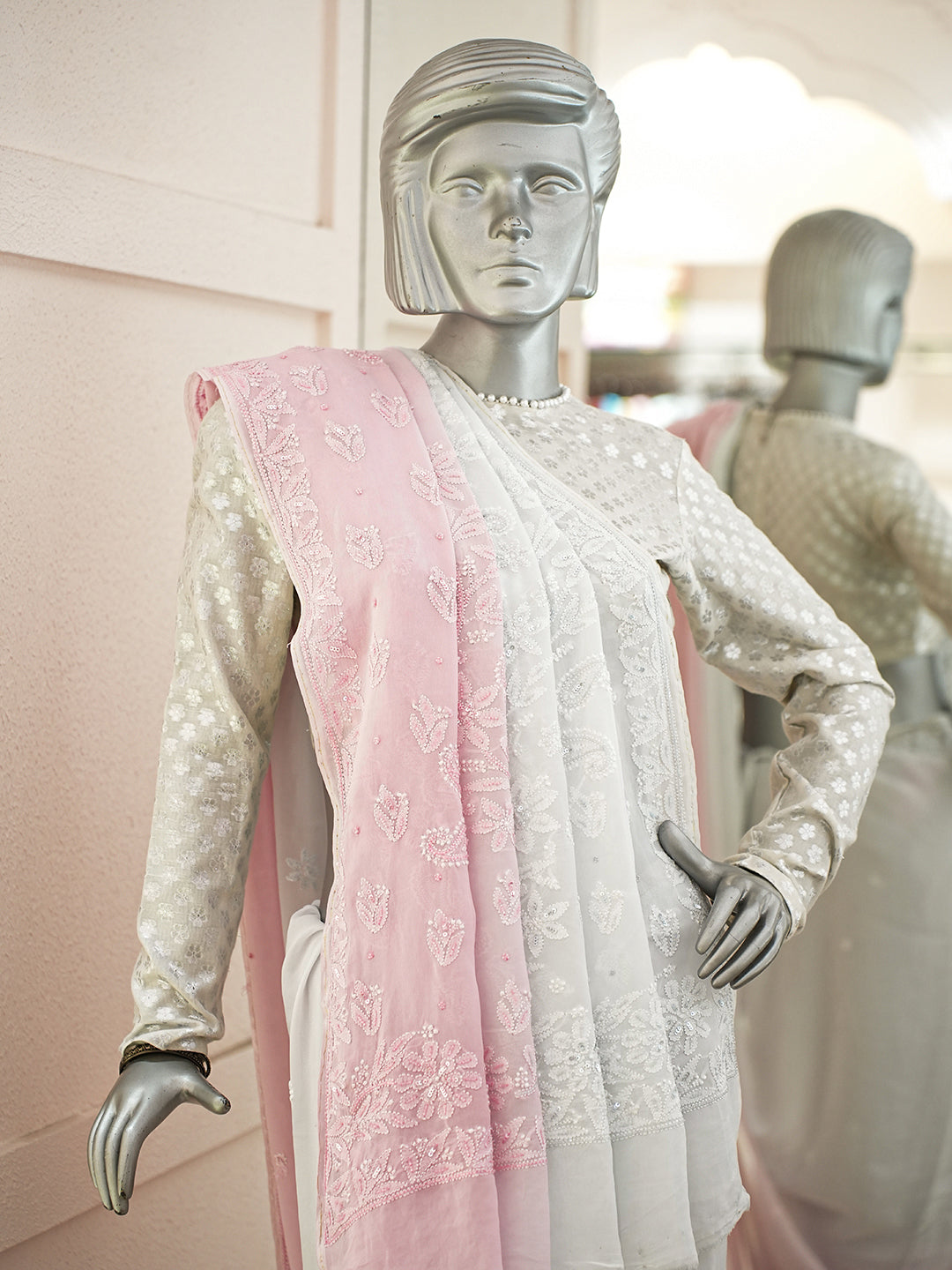 Ada Hand Embroidered Ombre Shade Of Pink And Bright Snow Georgette Lucknowi Chikankari Saree/Blouse With Cutdana Work 01A950742
