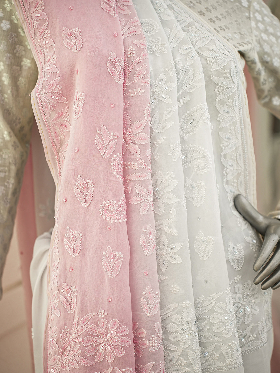 Ada Hand Embroidered Ombre Shade Of Pink And Bright Snow Georgette Lucknowi Chikankari Saree/Blouse With Cutdana Work 01A950742