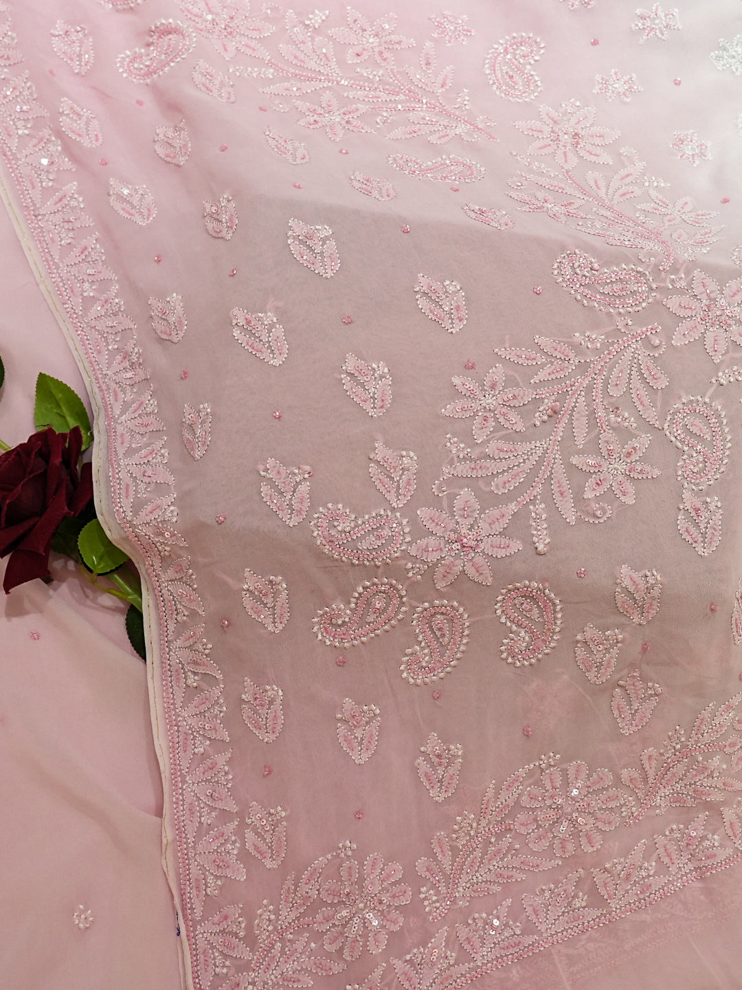 Ada Hand Embroidered Ombre Shade Of Pink And Bright Snow Georgette Lucknowi Chikankari Saree/Blouse With Cutdana Work 01A950742