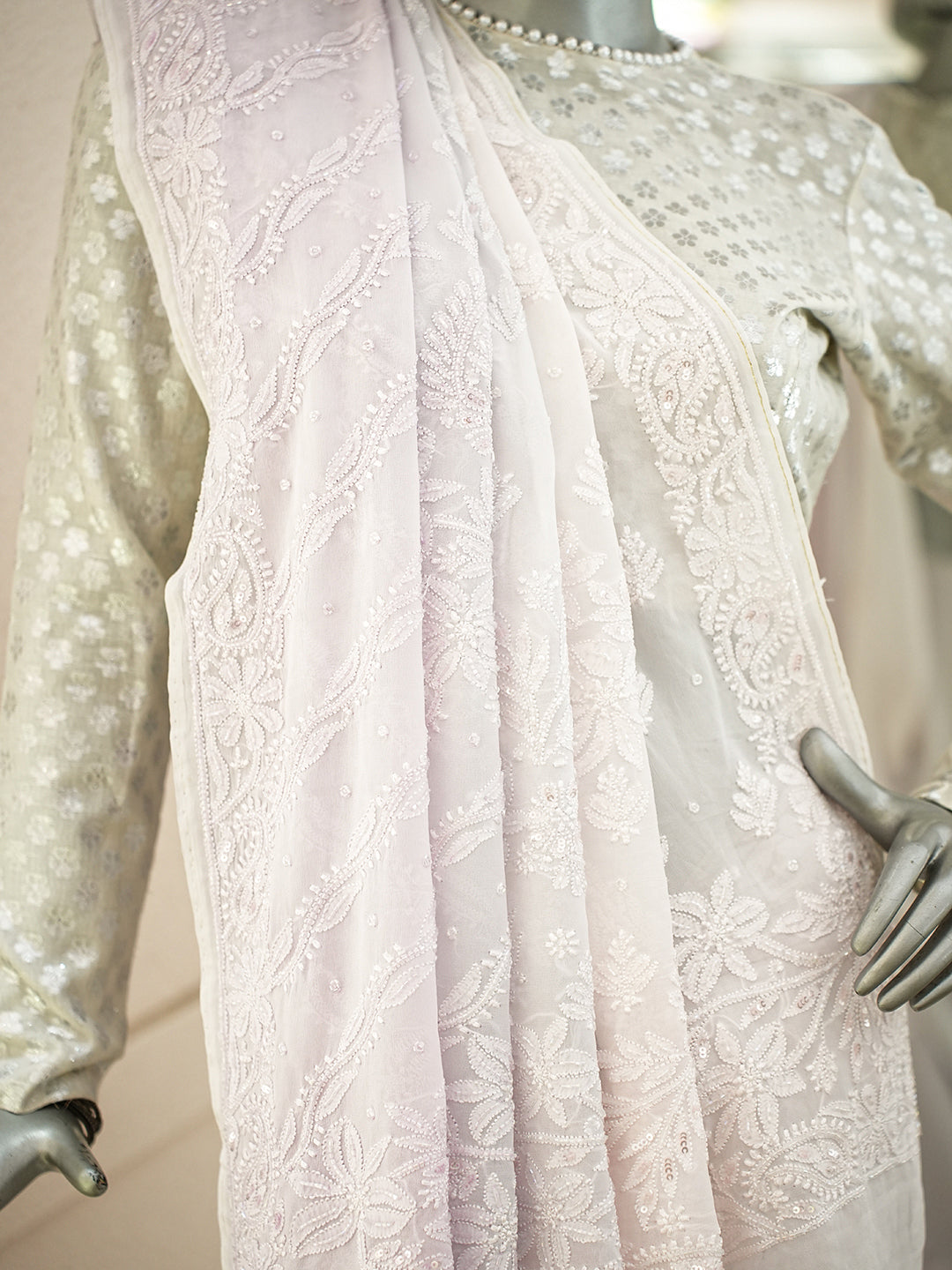 Ada Hand Embroidered Ombre Shade Of Powder Pink And Mauve Viscose  Georgette Lucknowi Chikankari Saree/Blouse With Cutdana Work 01A951036