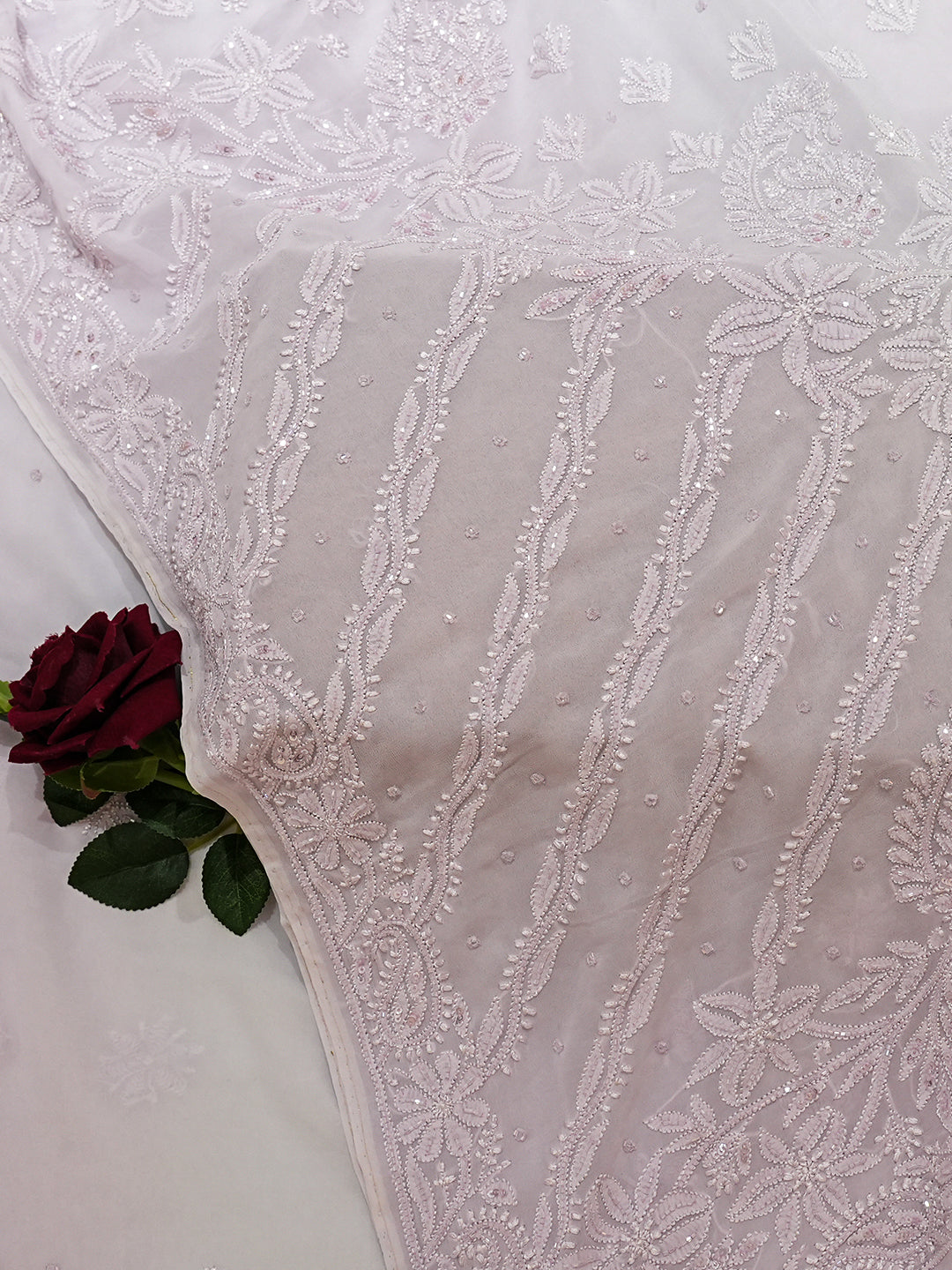 Ada Hand Embroidered Ombre Shade Of Powder Pink And Mauve Viscose  Georgette Lucknowi Chikankari Saree/Blouse With Cutdana Work 01A951036