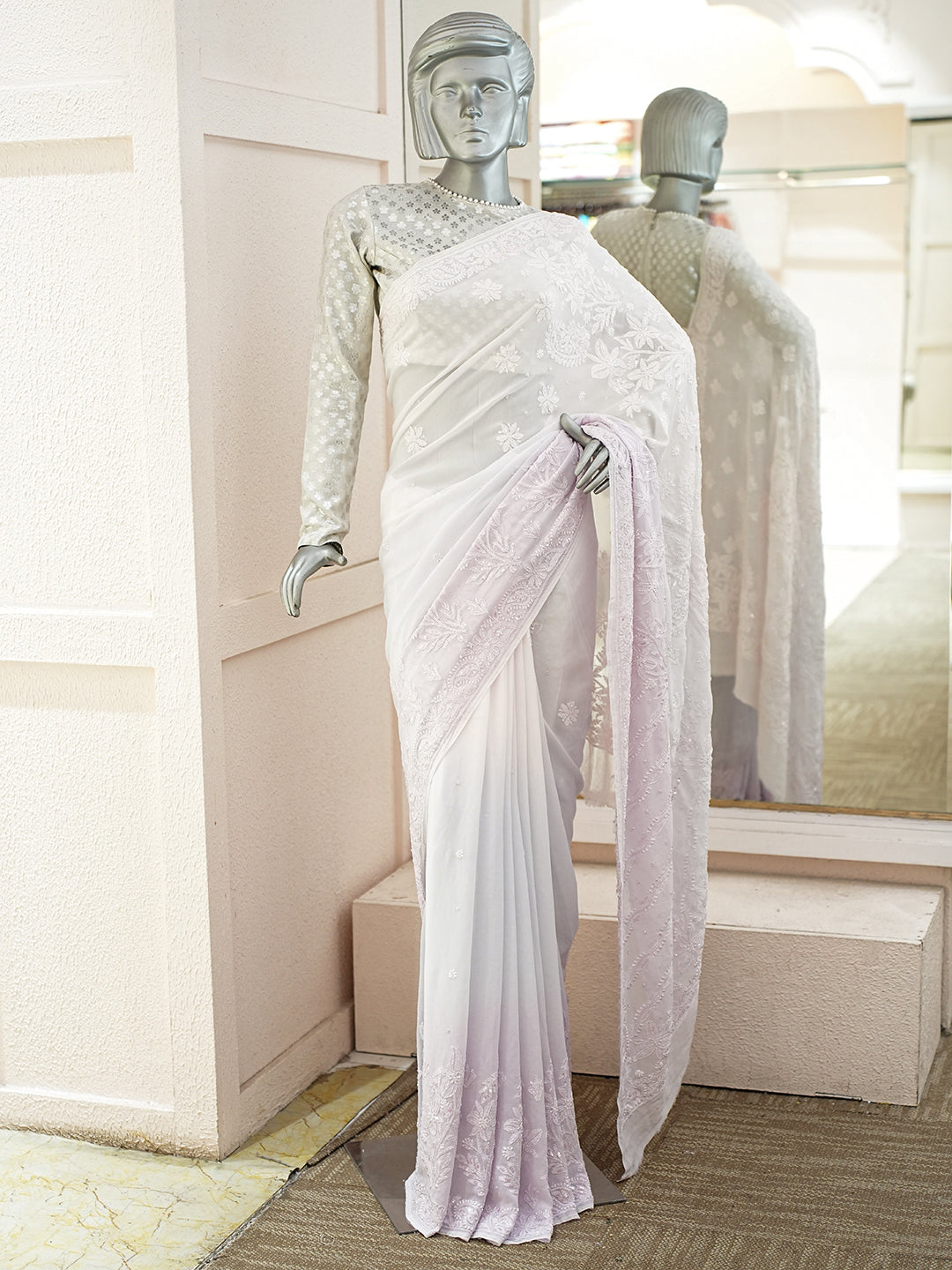 Ada Hand Embroidered Ombre Shade Of Powder Pink And Mauve Viscose  Georgette Lucknowi Chikankari Saree/Blouse With Cutdana Work 01A951036