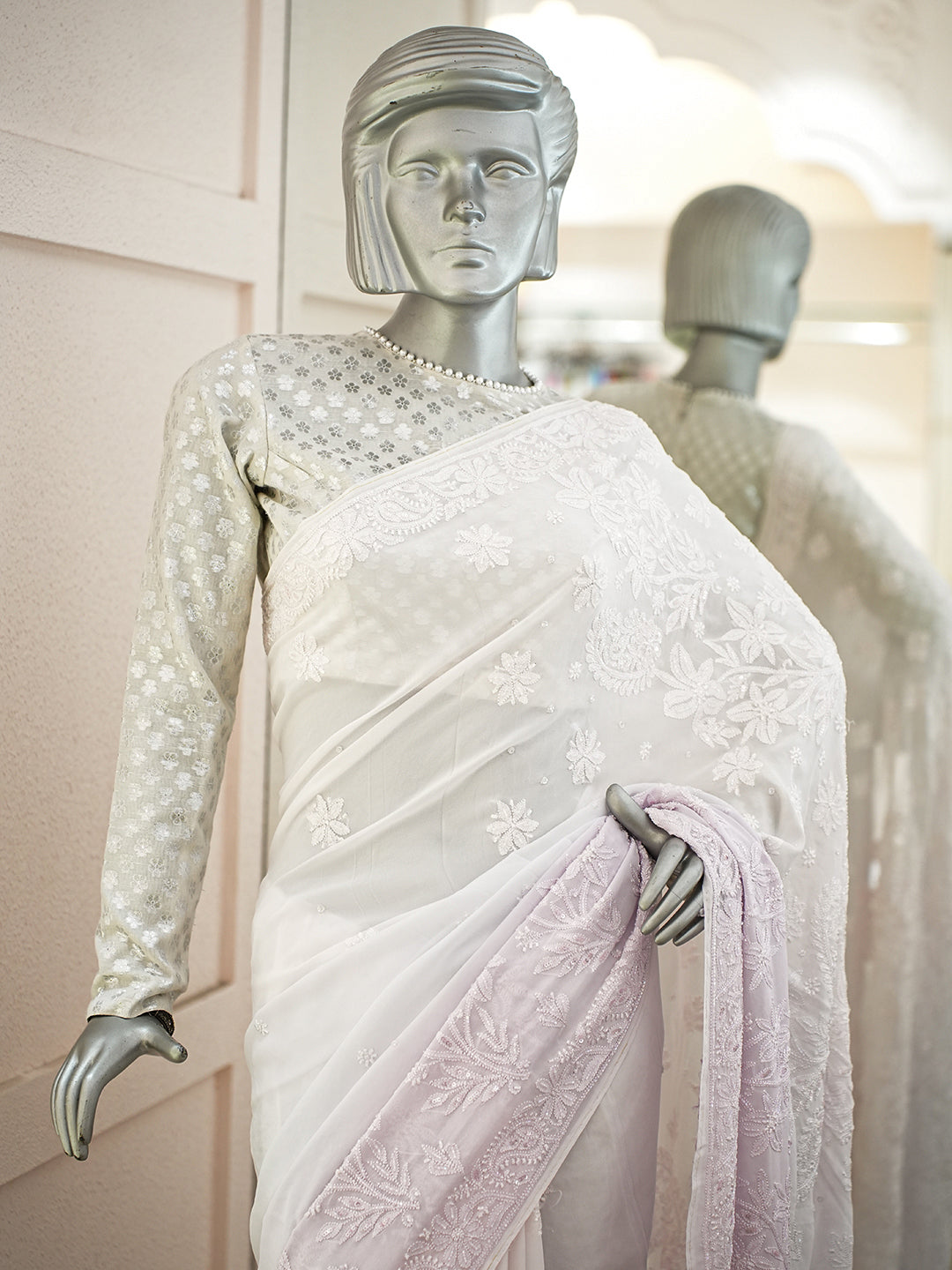 Ada Hand Embroidered Ombre Shade Of Powder Pink And Mauve Viscose  Georgette Lucknowi Chikankari Saree/Blouse With Cutdana Work 01A951036