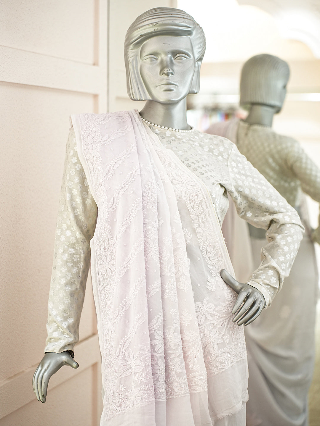 Ada Hand Embroidered Ombre Shade Of Powder Pink And Mauve Viscose  Georgette Lucknowi Chikankari Saree/Blouse With Cutdana Work 01A951036