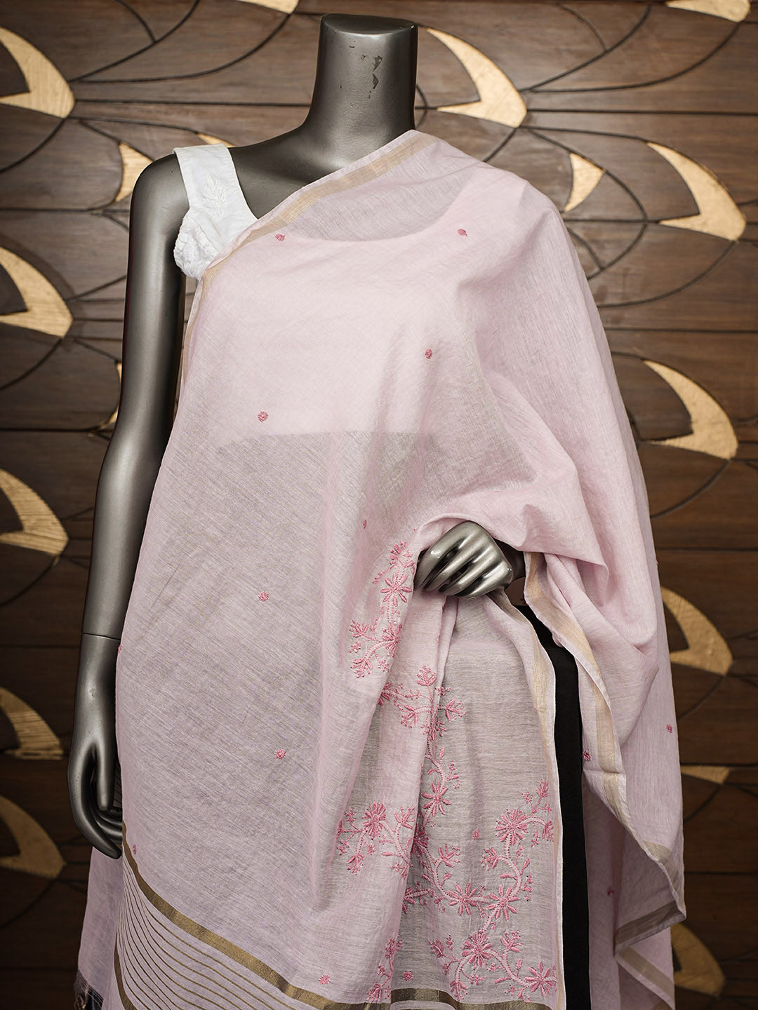 Ada Hand Embroidered Onion Pink Chanderi Lucknowi Chikankari Dupatta 07A500613
