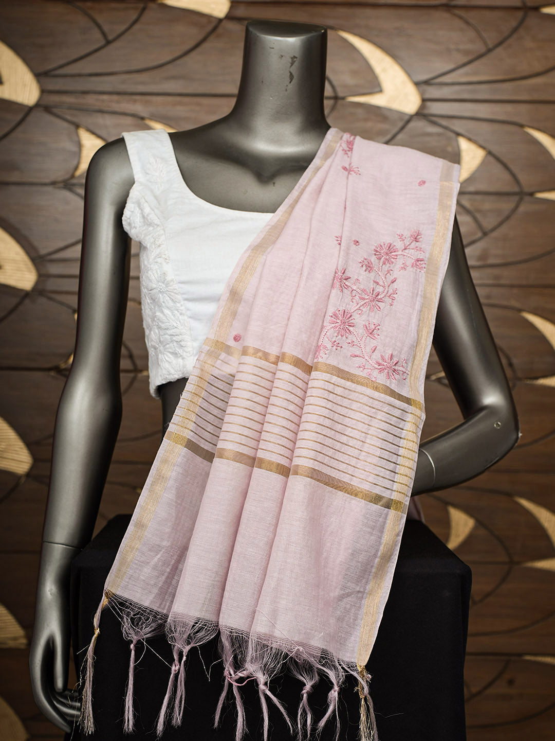 Ada Hand Embroidered Onion Pink Chanderi Lucknowi Chikankari Dupatta 07A500613