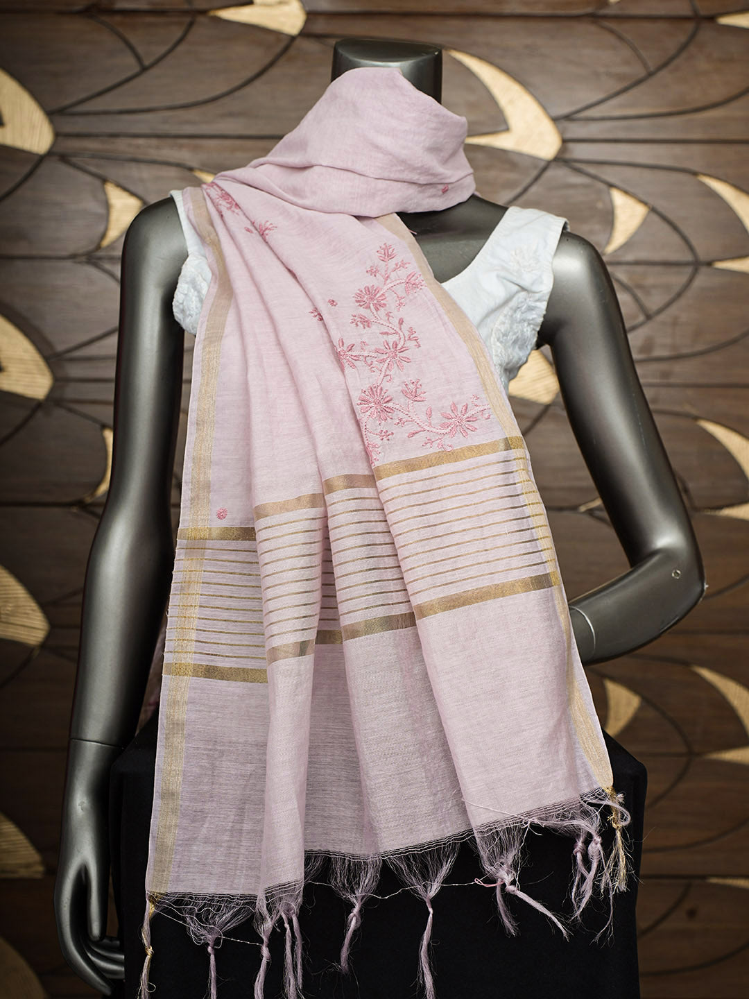 Ada Hand Embroidered Onion Pink Chanderi Lucknowi Chikankari Dupatta 07A500613