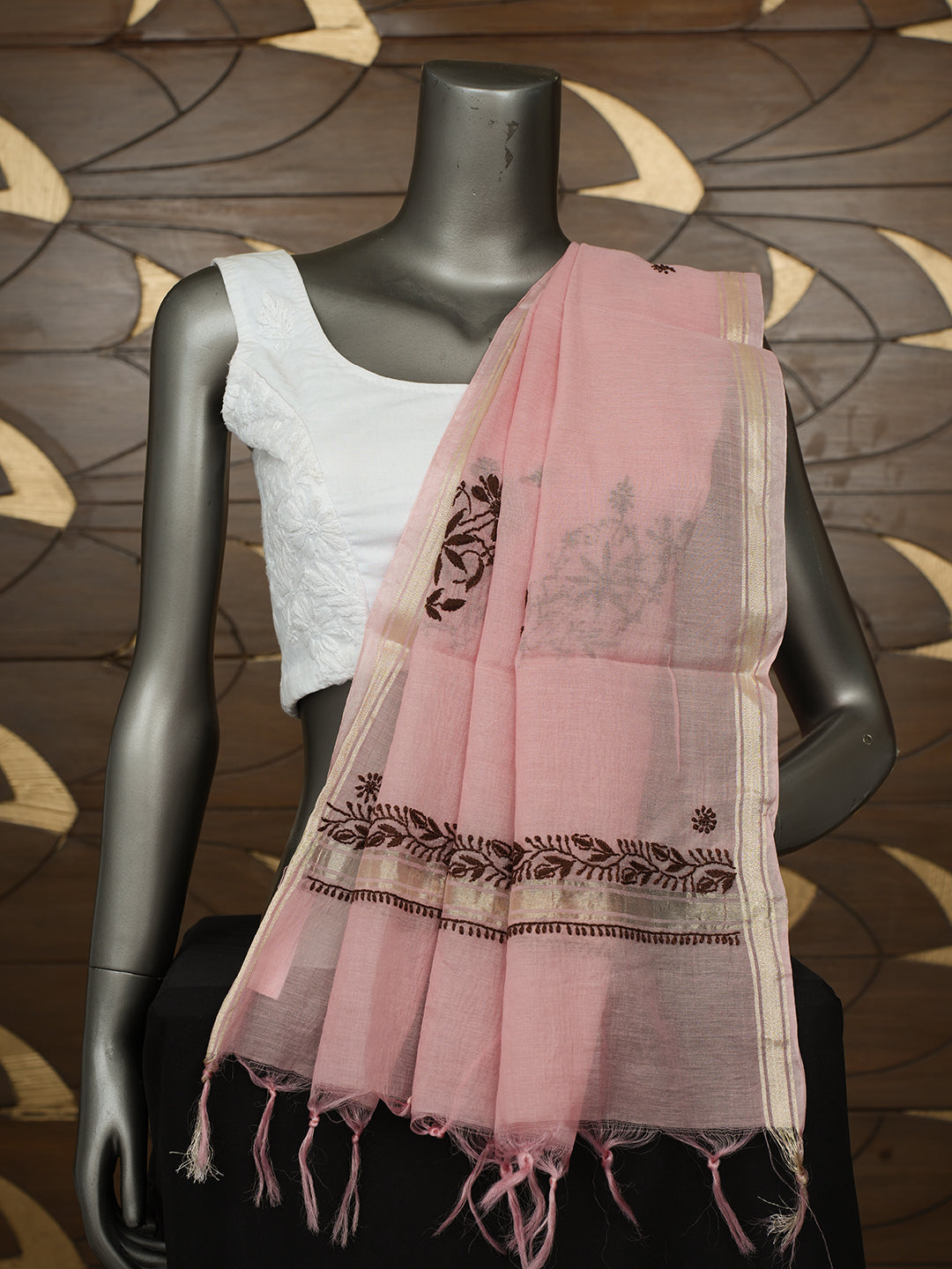 Ada Hand Embroidered Onion Pink Chanderi Lucknowi Chikankari Dupatta 07A501163