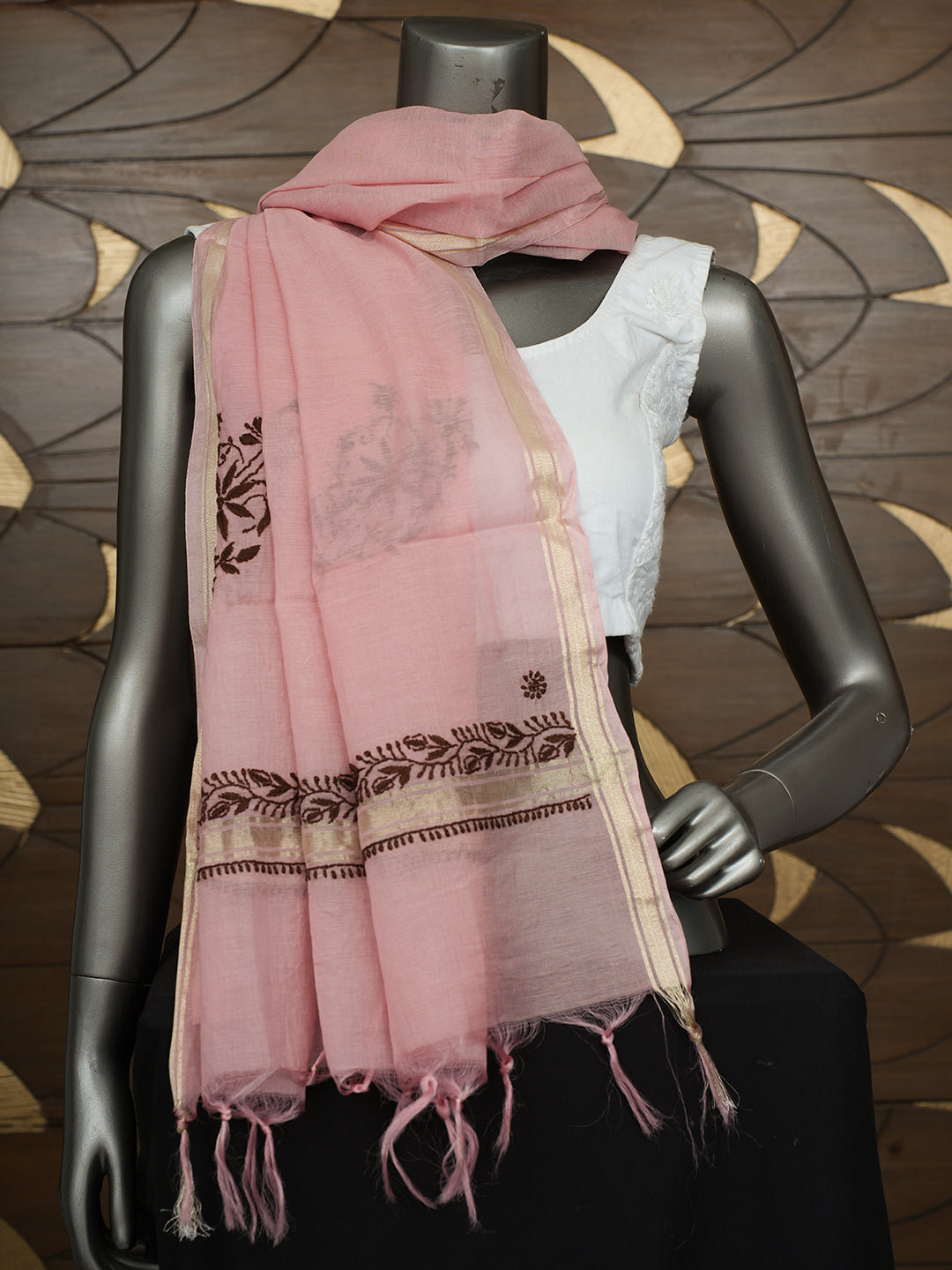 Ada Hand Embroidered Onion Pink Chanderi Lucknowi Chikankari Dupatta 07A501163