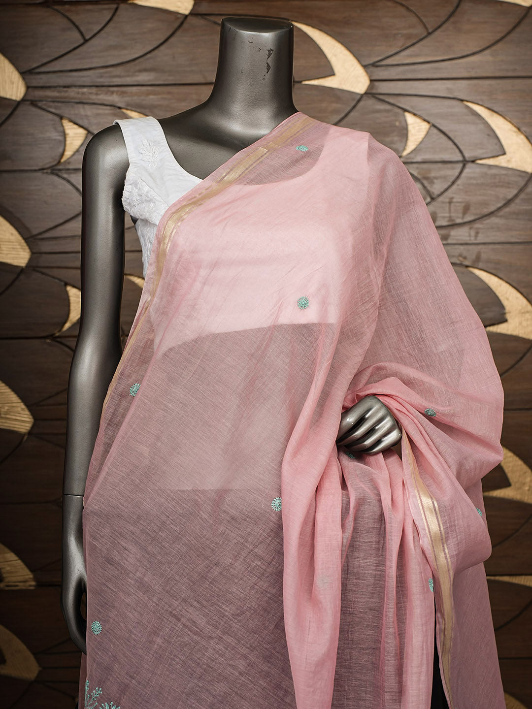 Ada Hand Embroidered Onion Pink Chanderi Lucknowi Chikankari Dupatta 07A501170